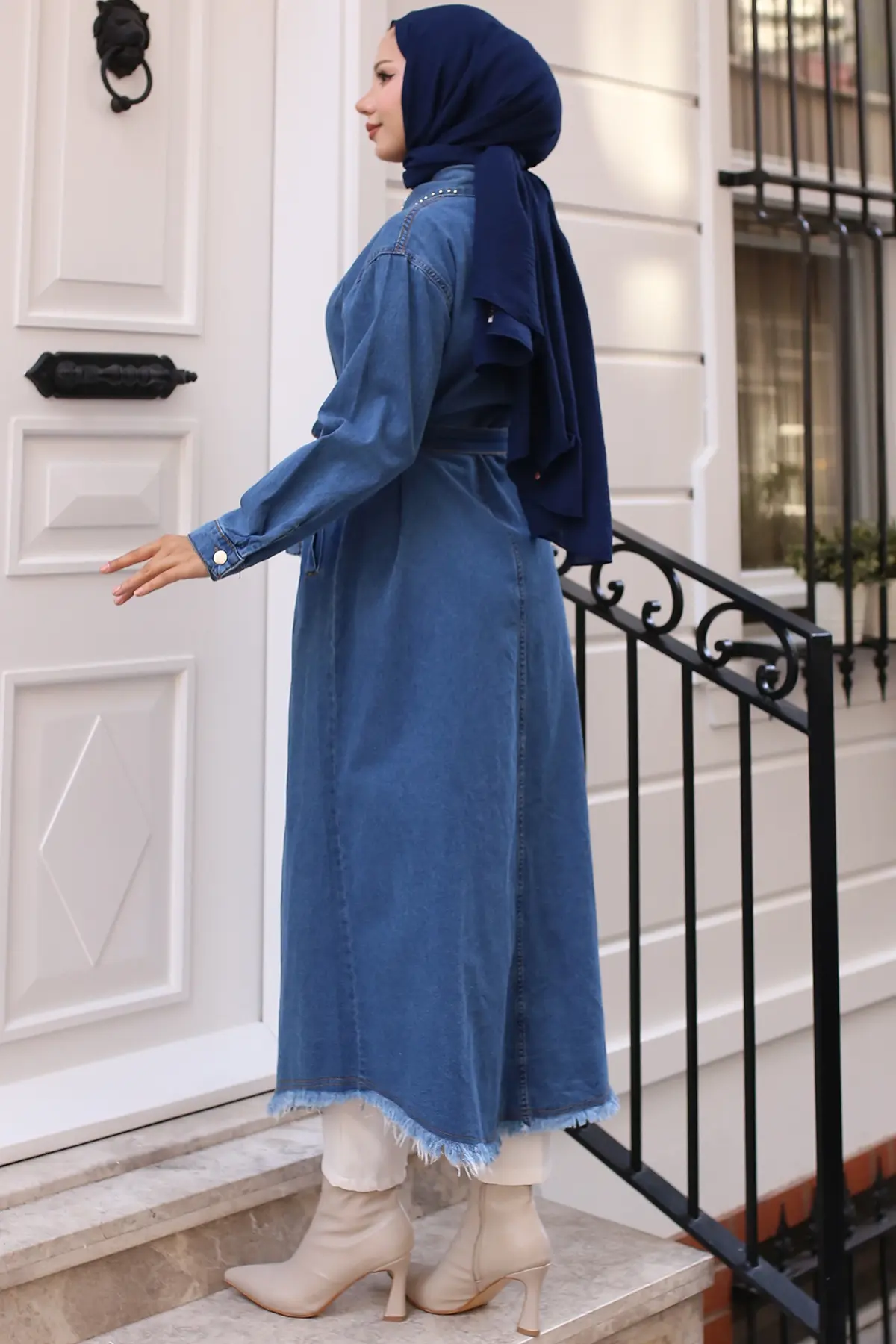 Denim Cape With Stone Detail Brooch On Collar-detail