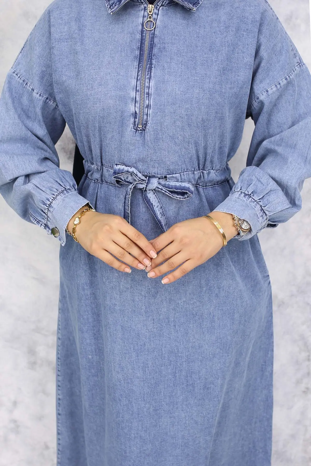 Denim Dress With Half Zipper Pockets-detail