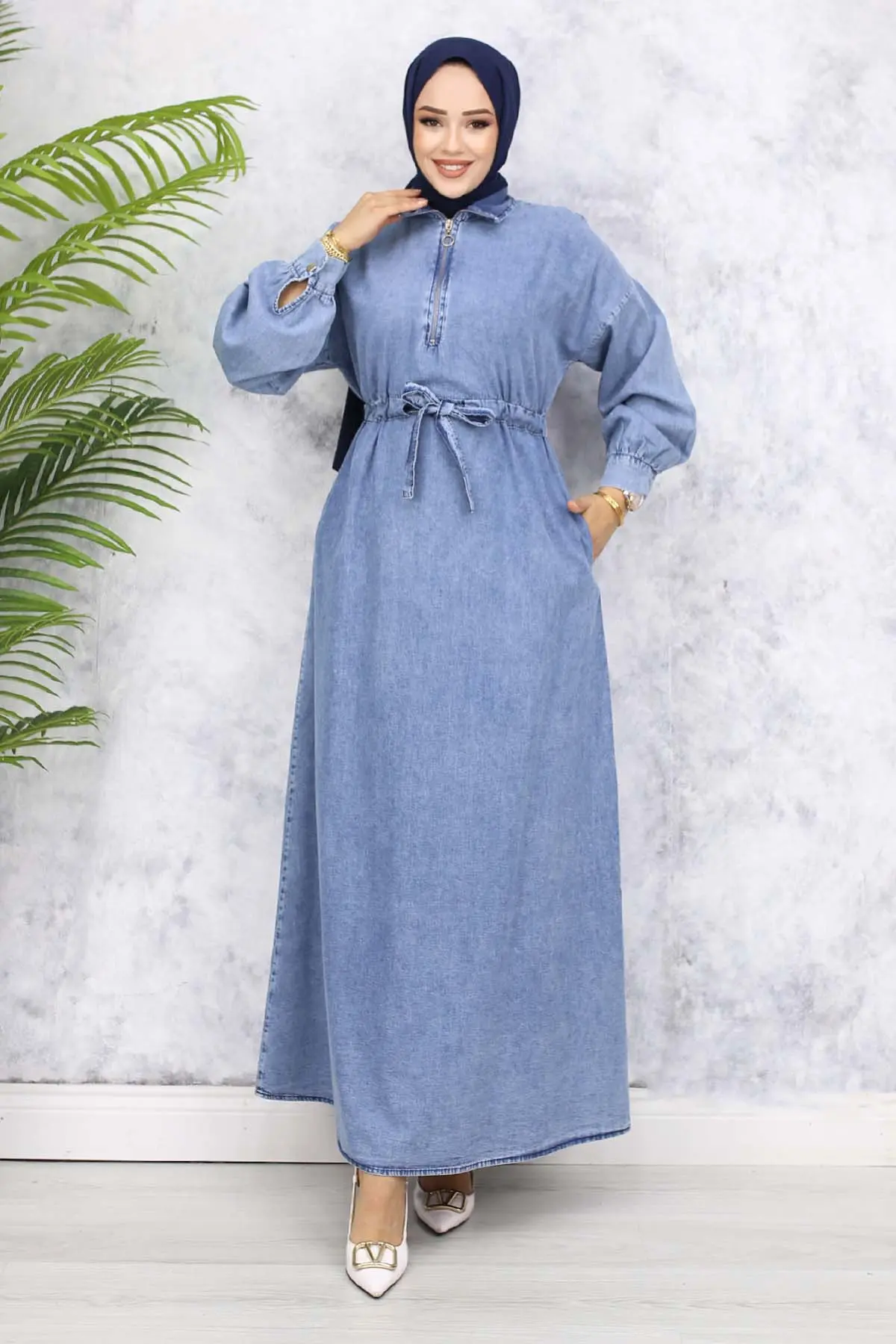 Denim Dress With Half Zipper Pockets-detail