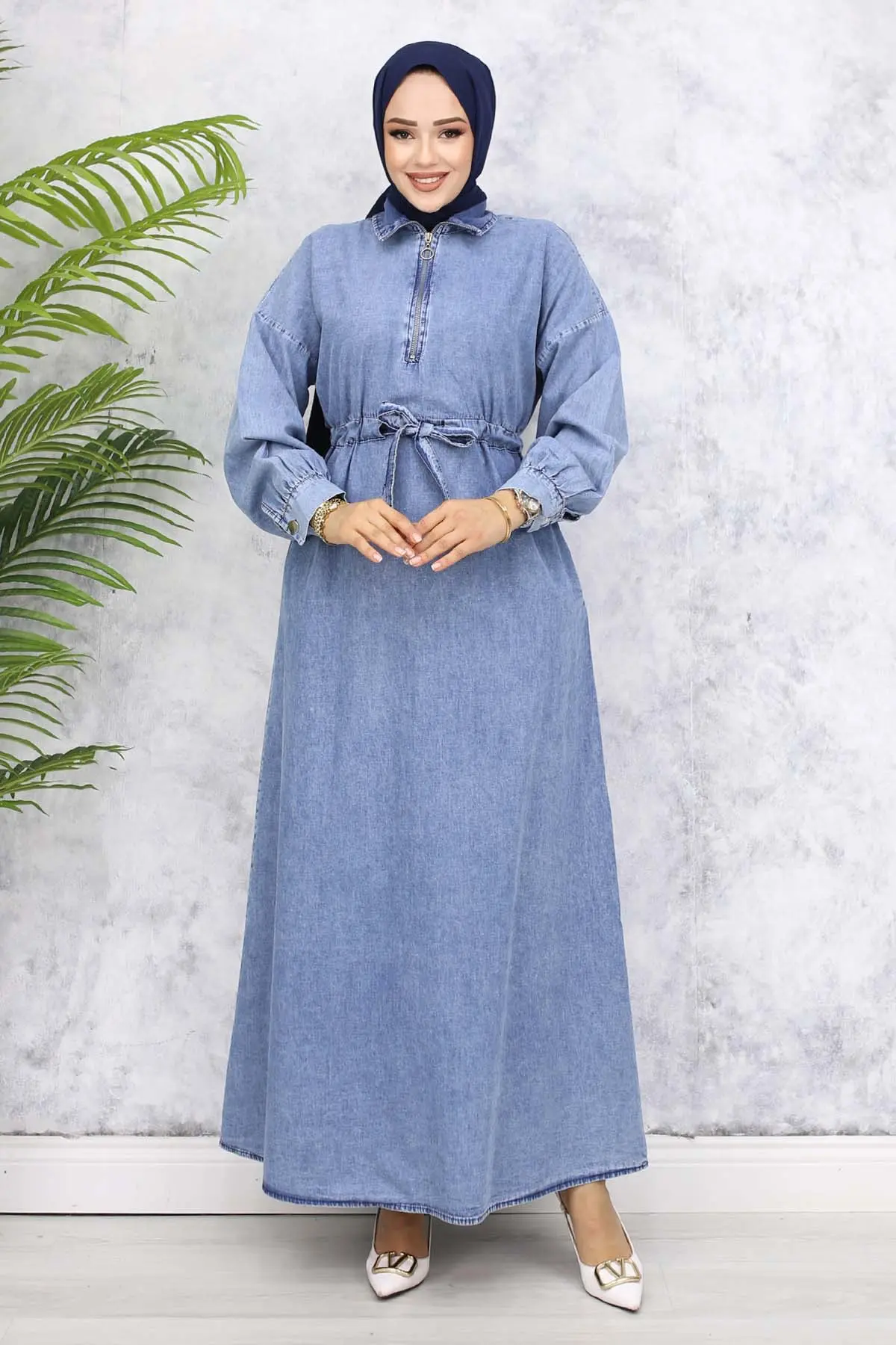 Denim Dress With Half Zipper Pockets-detail