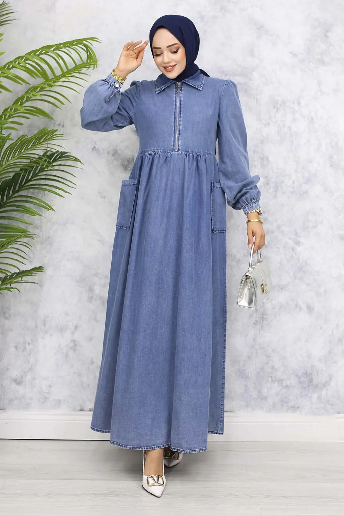 Denim Dress With Half Zipper Pockets