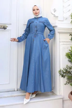 Denim Dress With Stone Detailed Pockets
