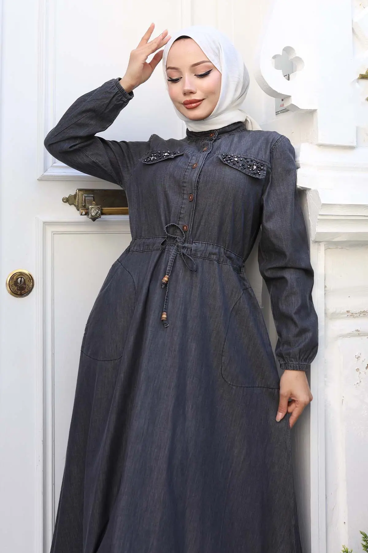 Denim Dress With Stone Detailed Pockets-detail