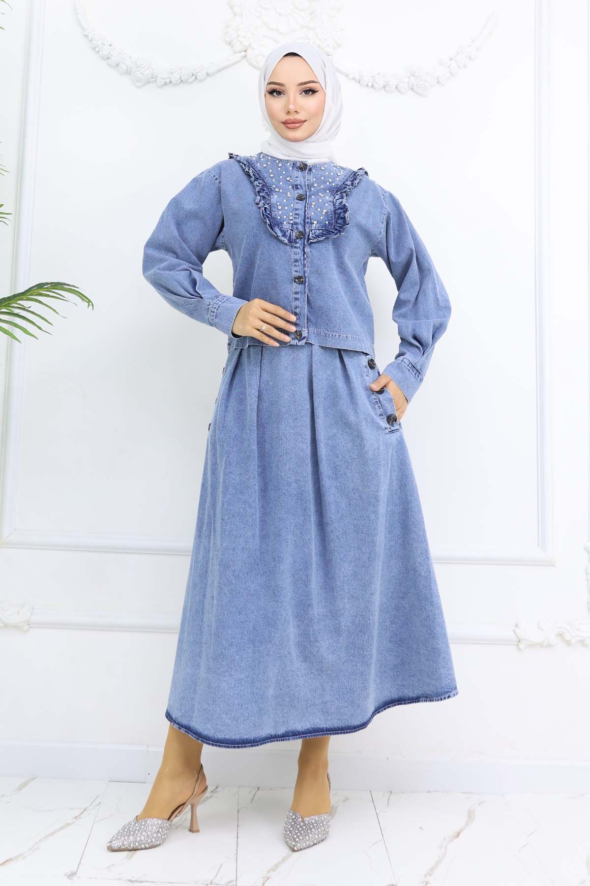 Denim Skirt Suit With Pearl Detail On The Collar