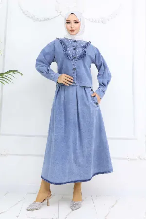 Denim Skirt Suit With Pearl Detail On The Collar