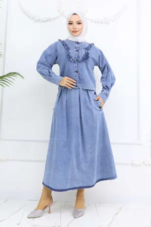 Denim Skirt Suit With Pearl Detail On The Collar