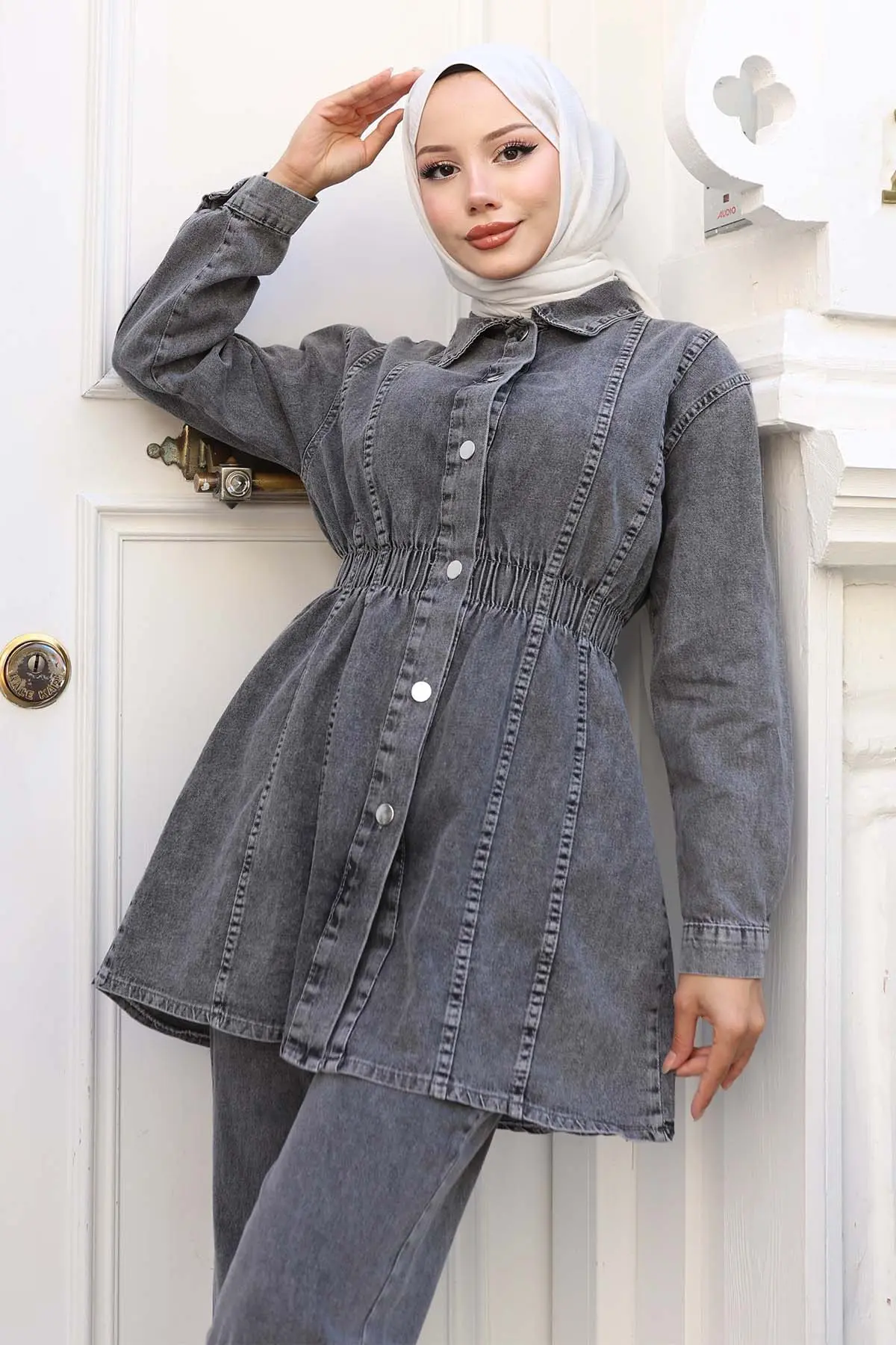 Denim Suit With Drawstring Waist-detail