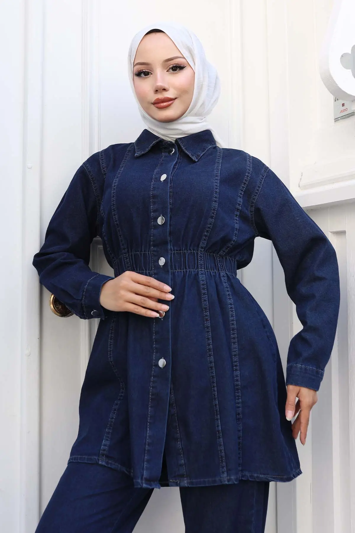 Denim Suit With Drawstring Waist-detail