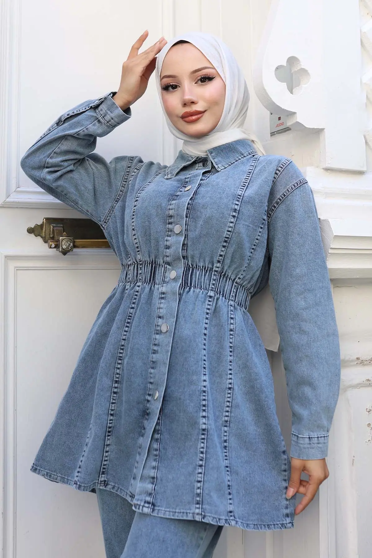Denim Suit With Drawstring Waist-detail