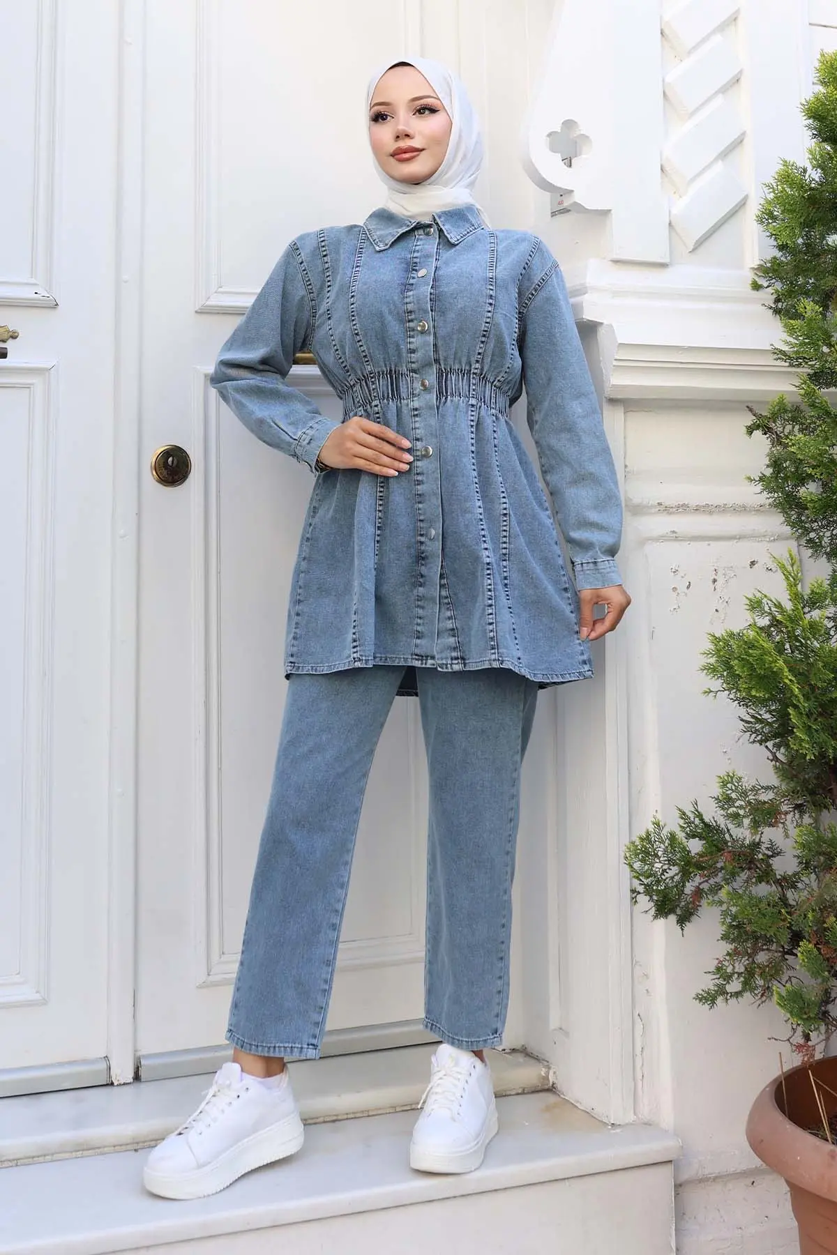 Denim Suit With Drawstring Waist-detail