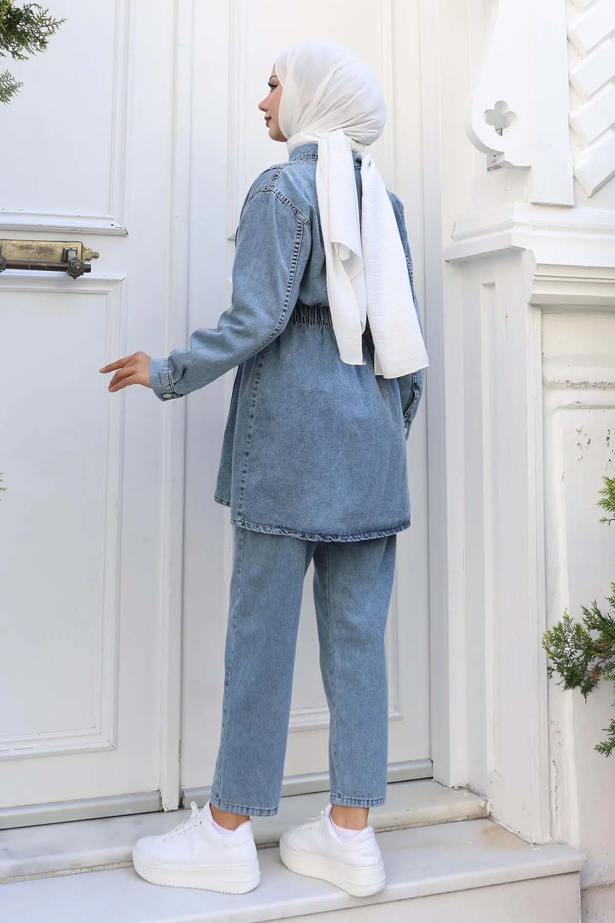 Denim Suit With Drawstring Waist-detail