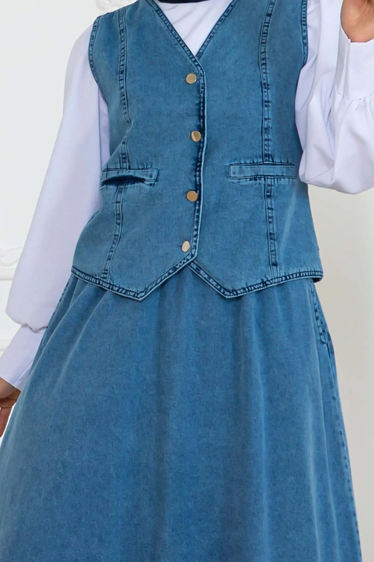 Denim Vest And Skirt Suit-detail