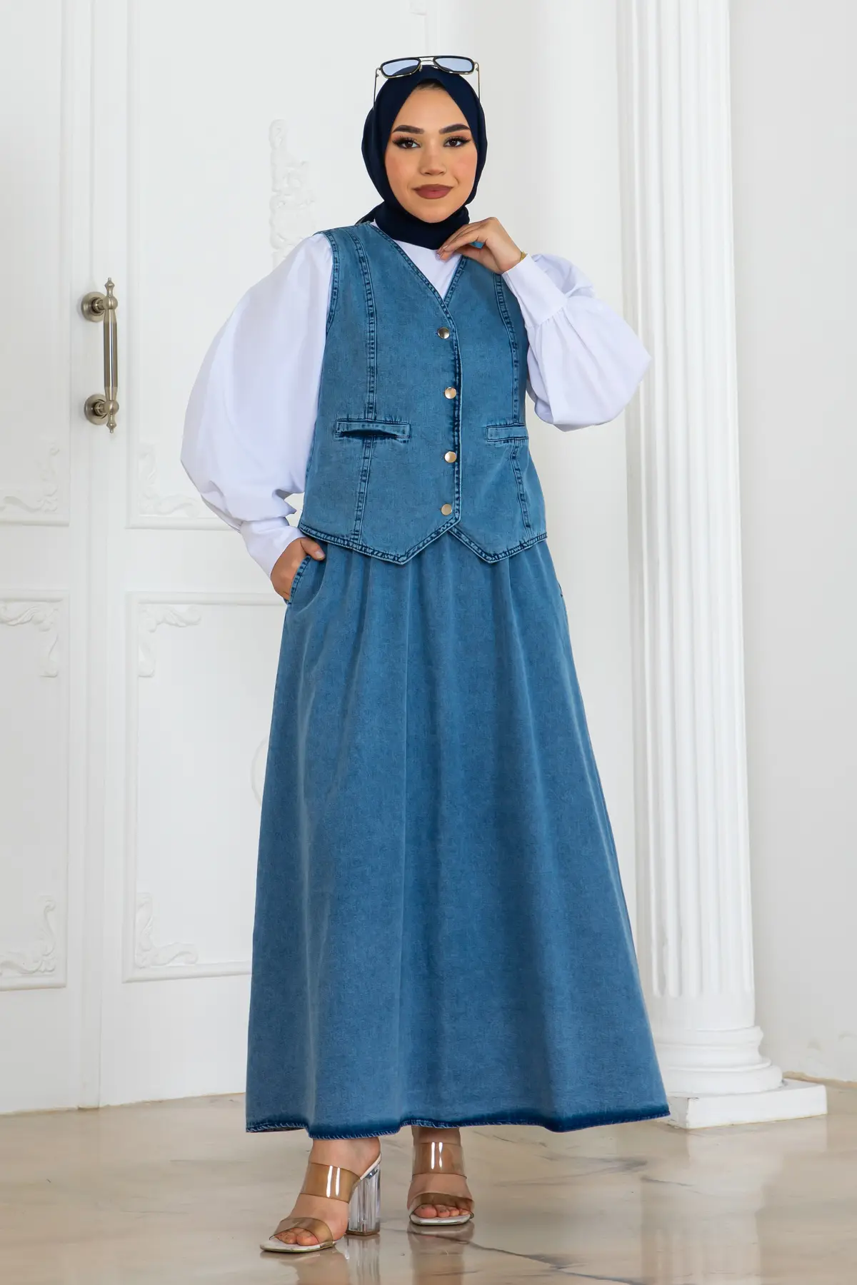 Denim Vest And Skirt Suit-detail