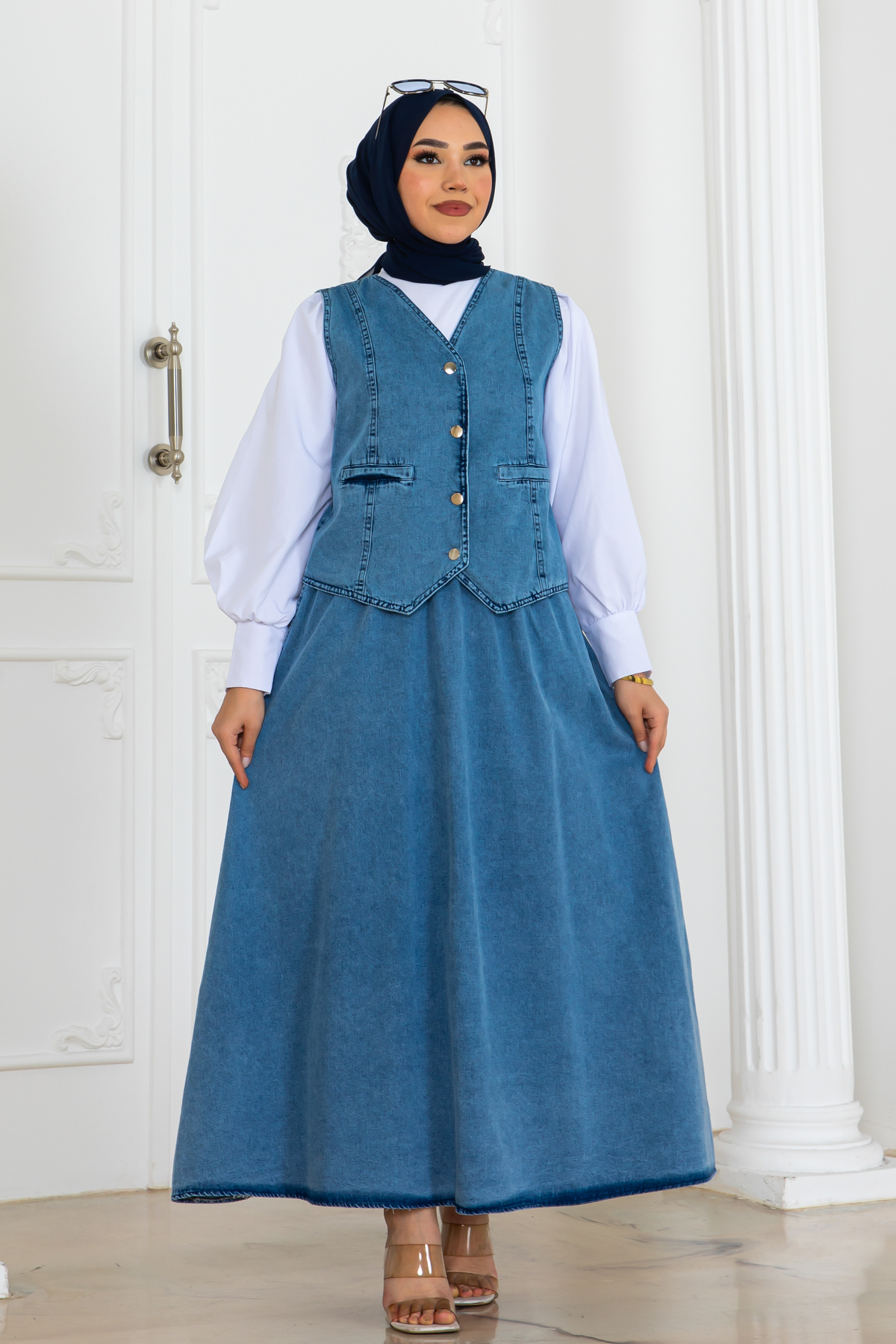 Denim Vest And Skirt Suit
