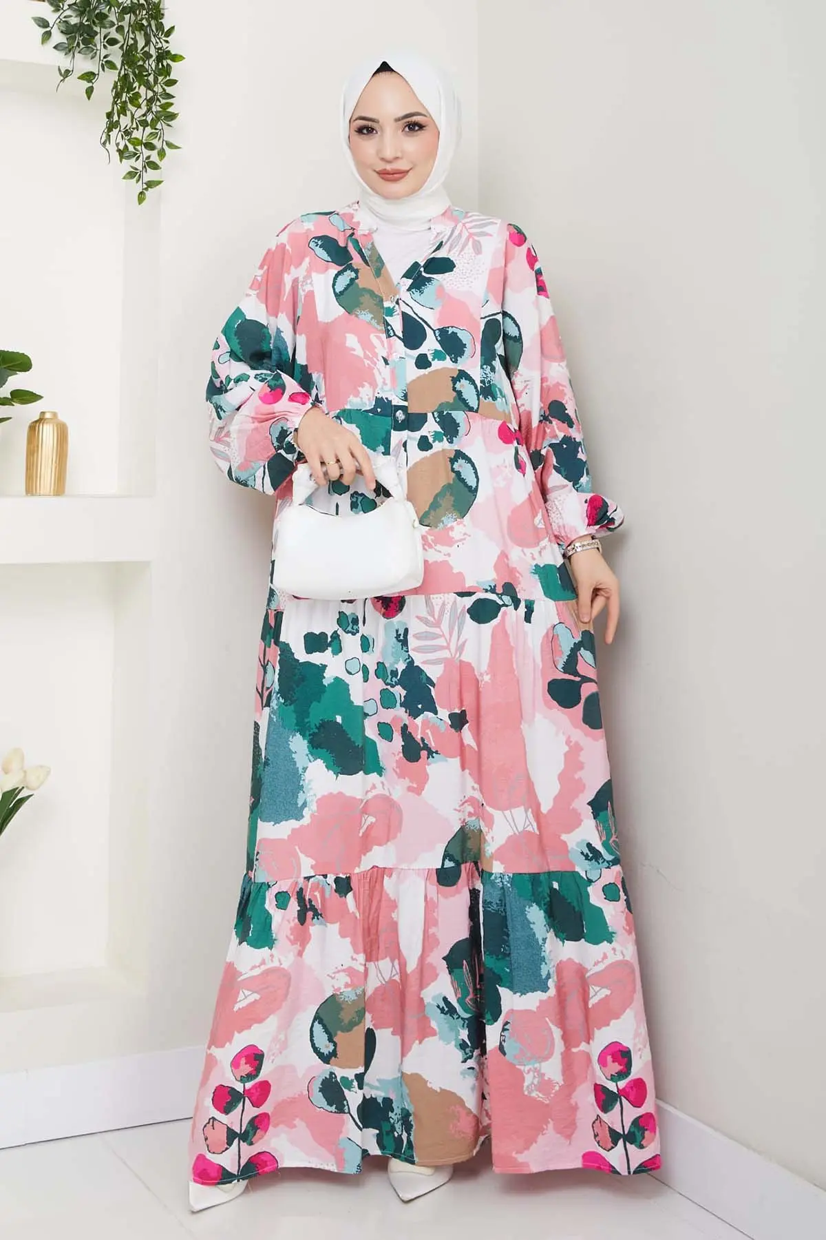 Desenli Tesettür Elbise Pembe 4731-detail