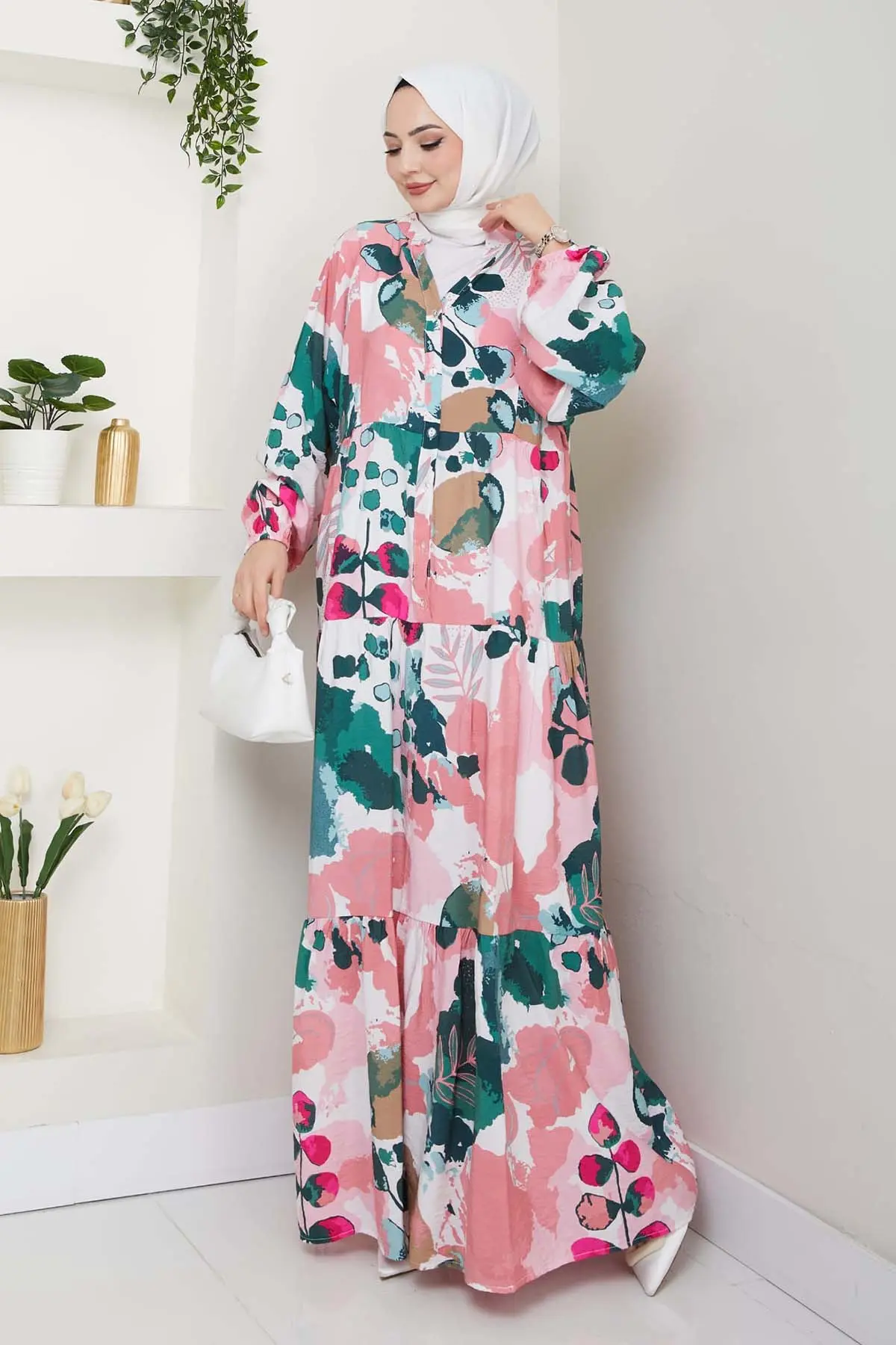 Desenli Tesettür Elbise Pembe 4731-detail