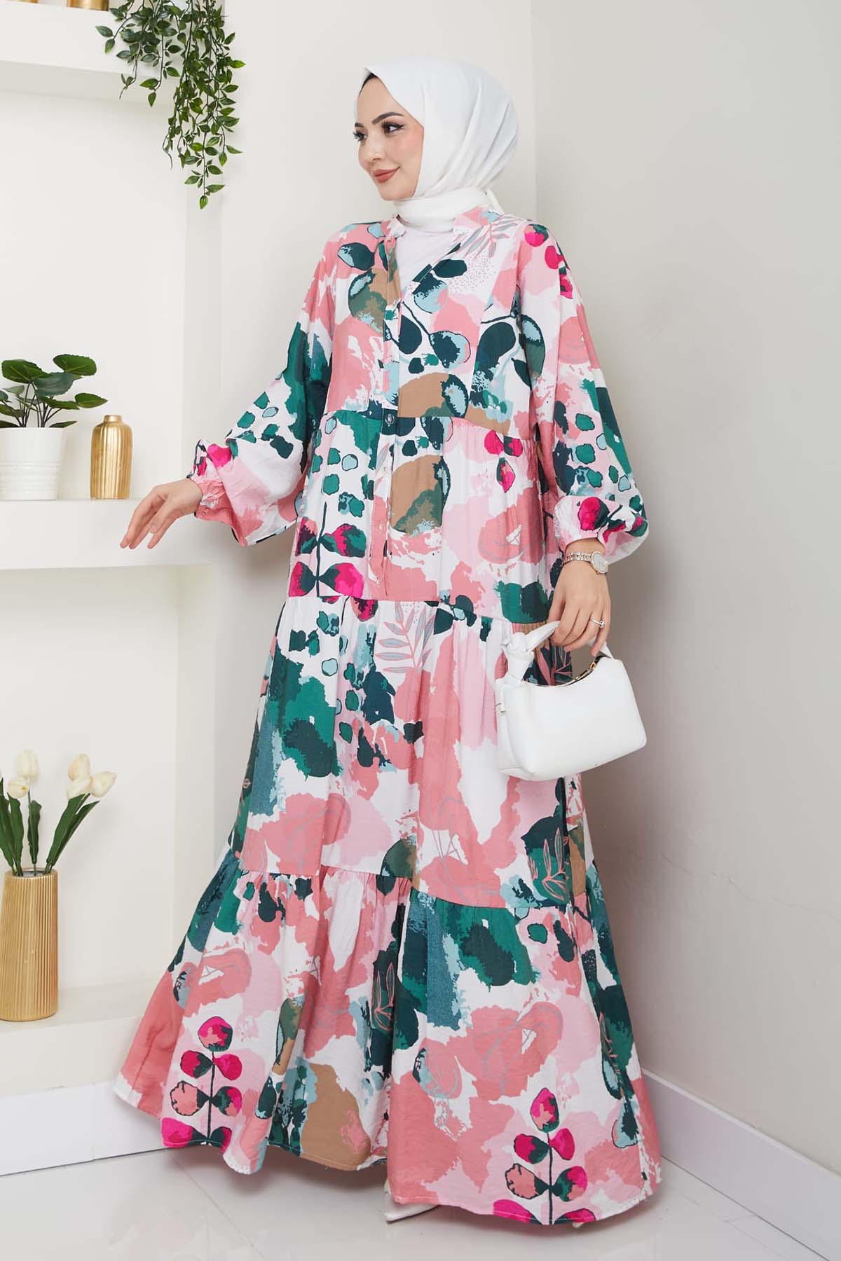 Desenli Tesettür Elbise Pembe 4731
