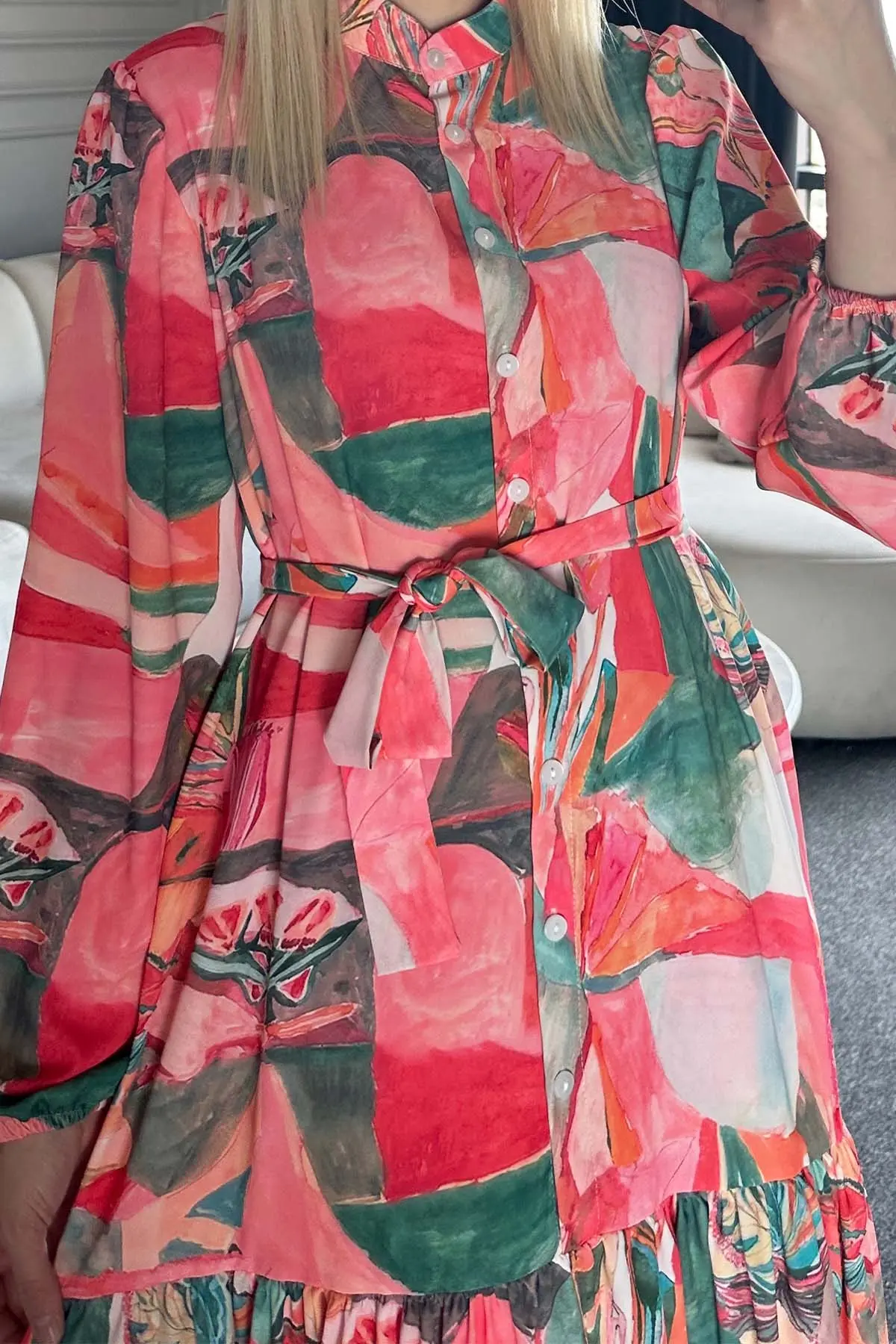 Desenli Tesettür Elbise Yeşil 522-1-detail