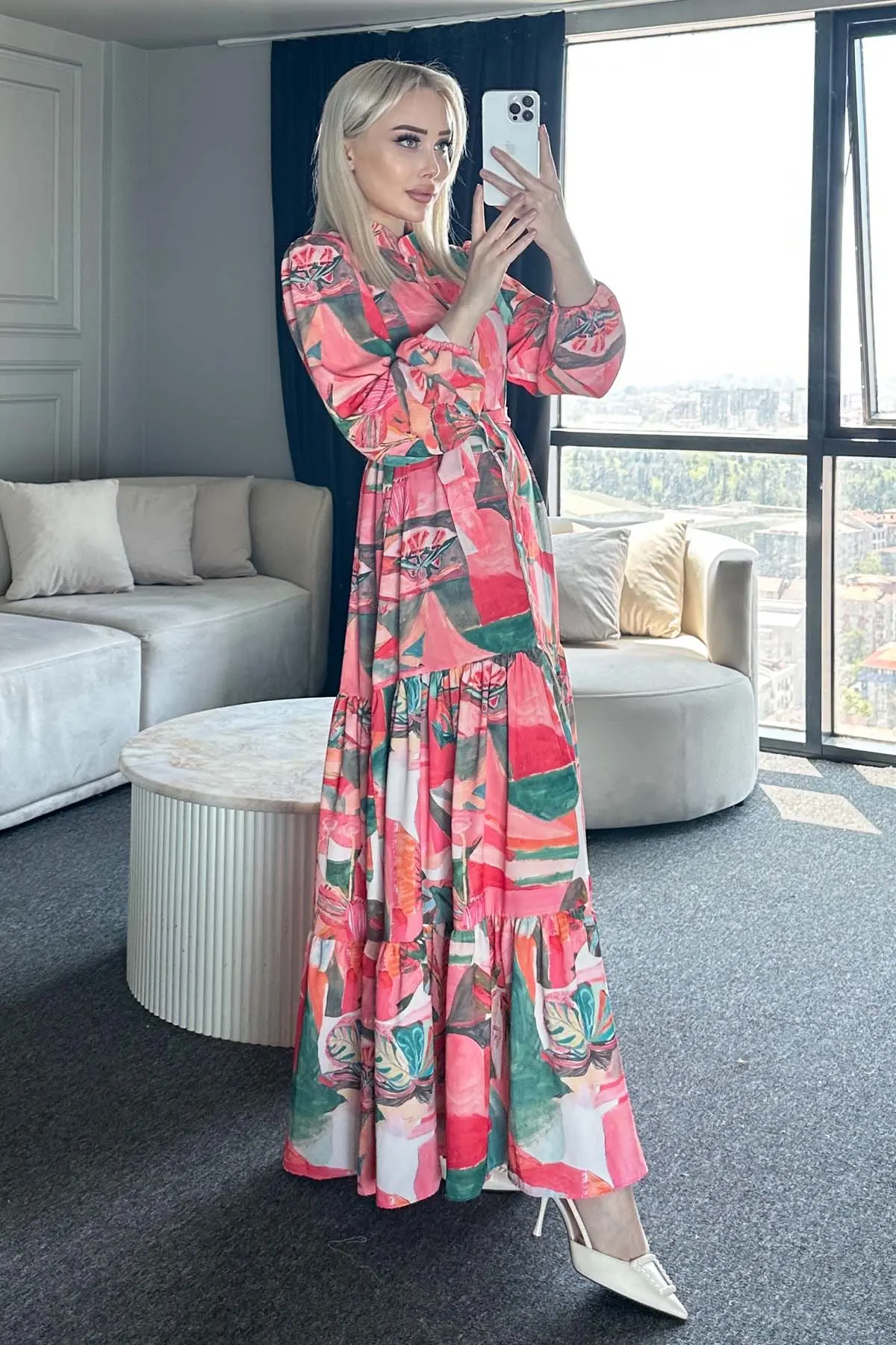 Desenli Tesettür Elbise Yeşil 522-1-detail