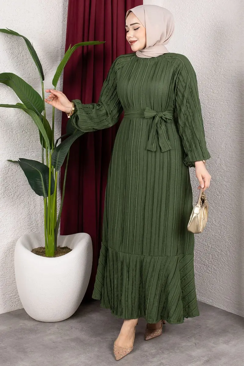 Dress With Ruffled Skirt And Belt-detail