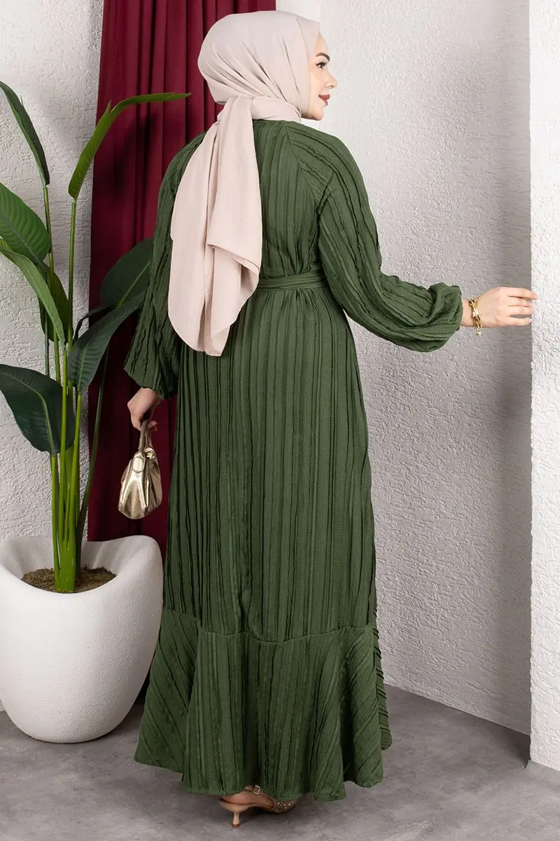 Dress With Ruffled Skirt And Belt-detail