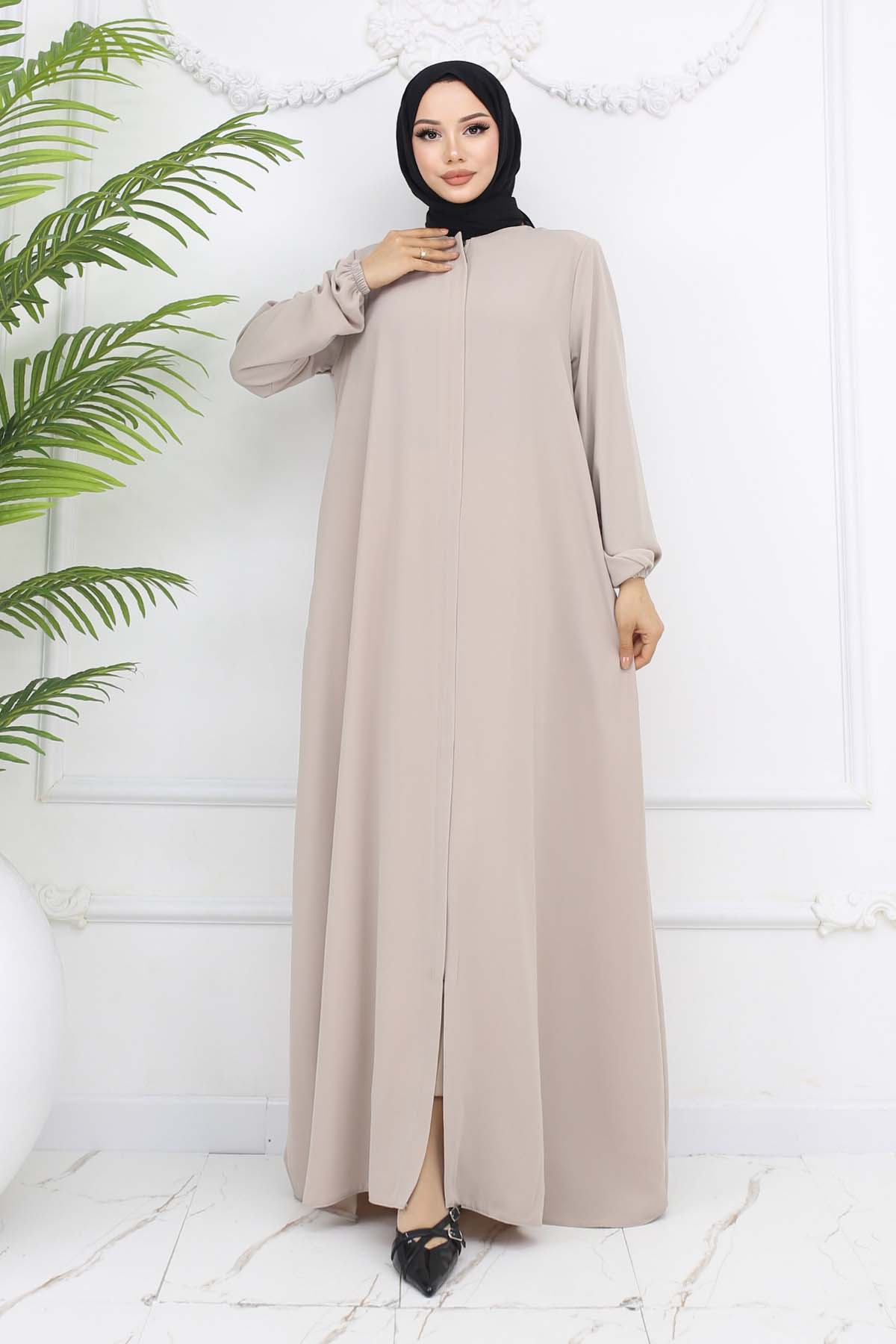 Elastic Sleeves Hidden Zipper Abaya