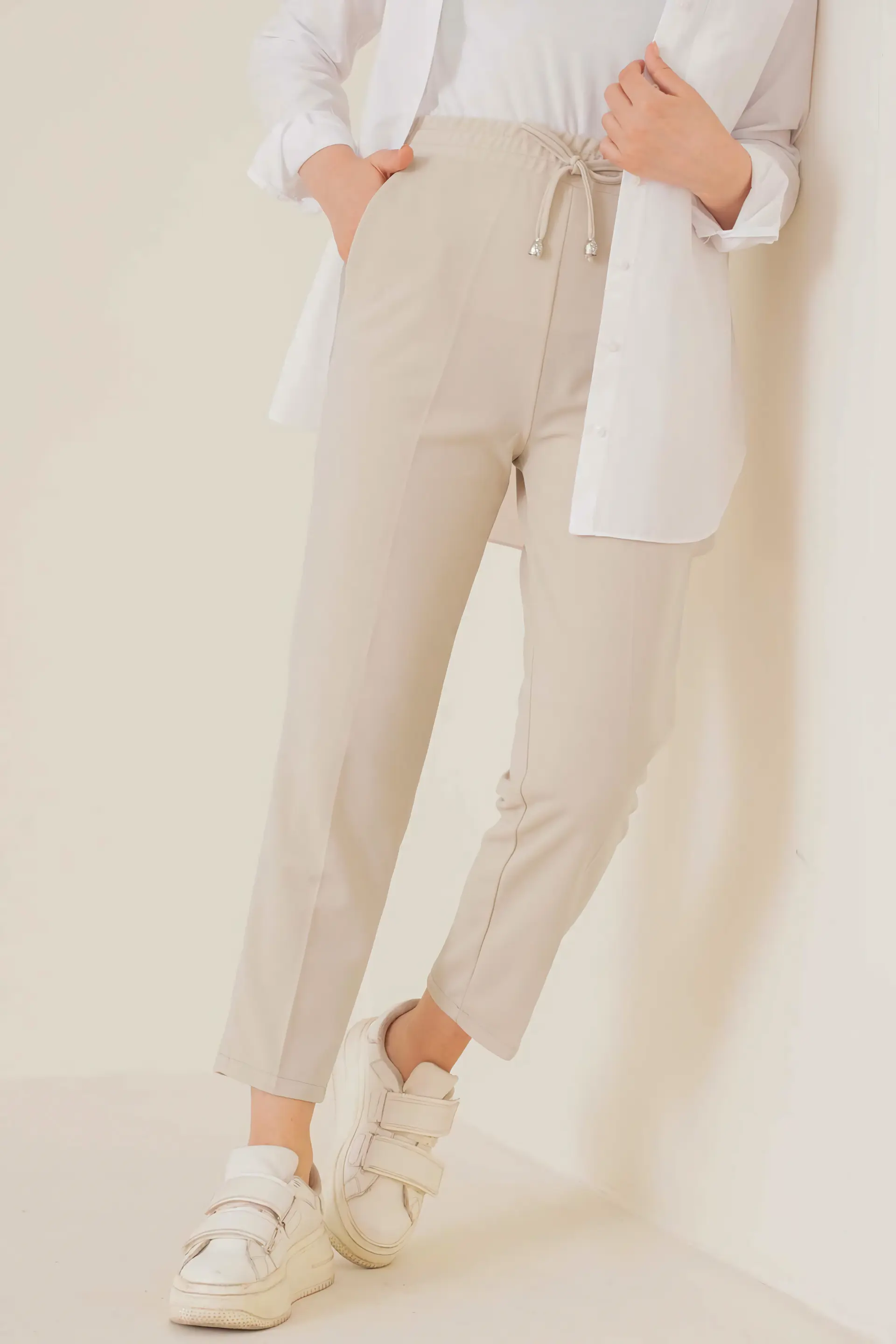 Elastic Waist Ankle Trousers with Rope Detail