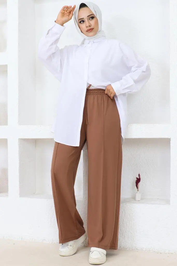 Elastic Waist Comfortable Cut Shabby Trousers Brown