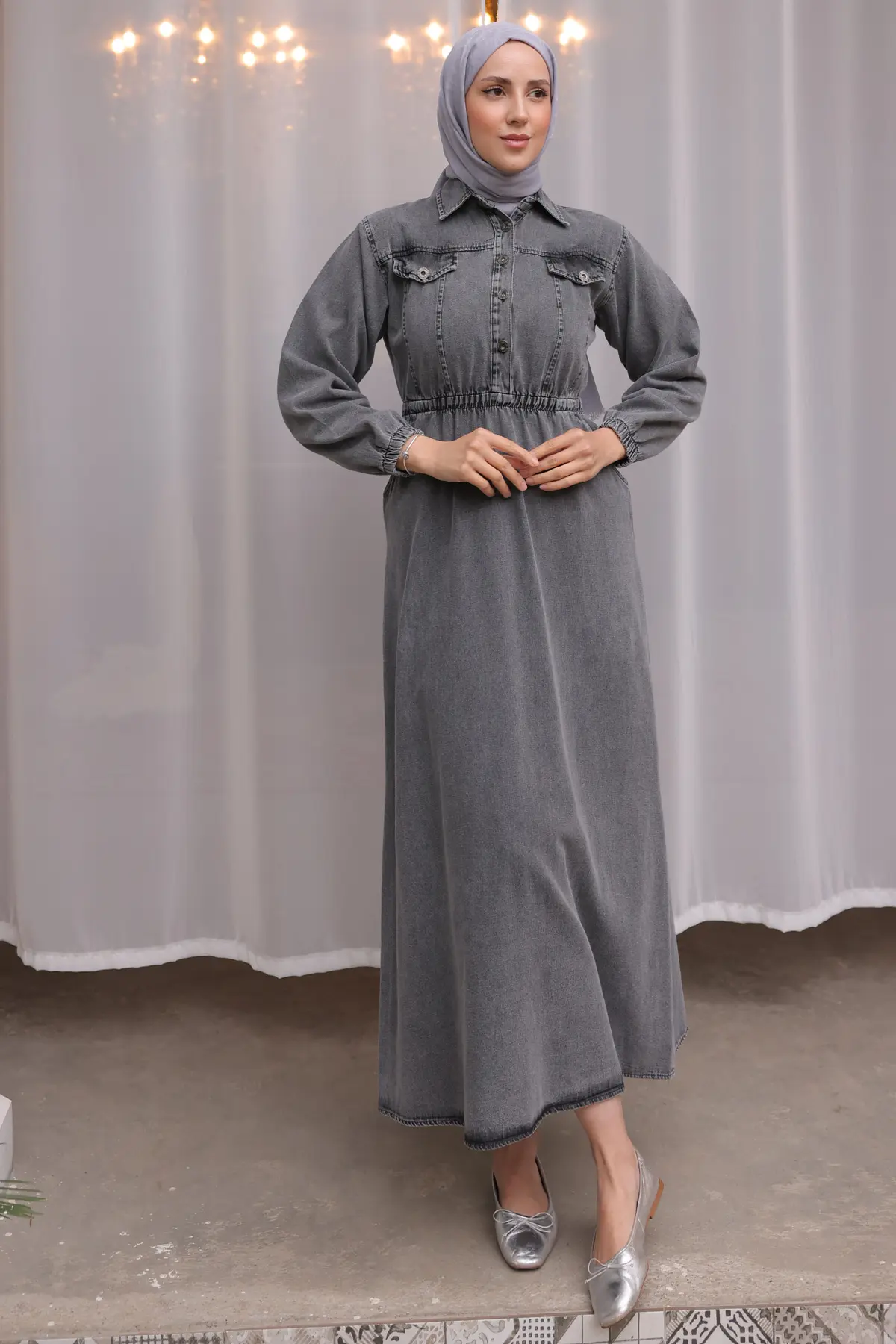 Elastic Waist Denim Dress-detail