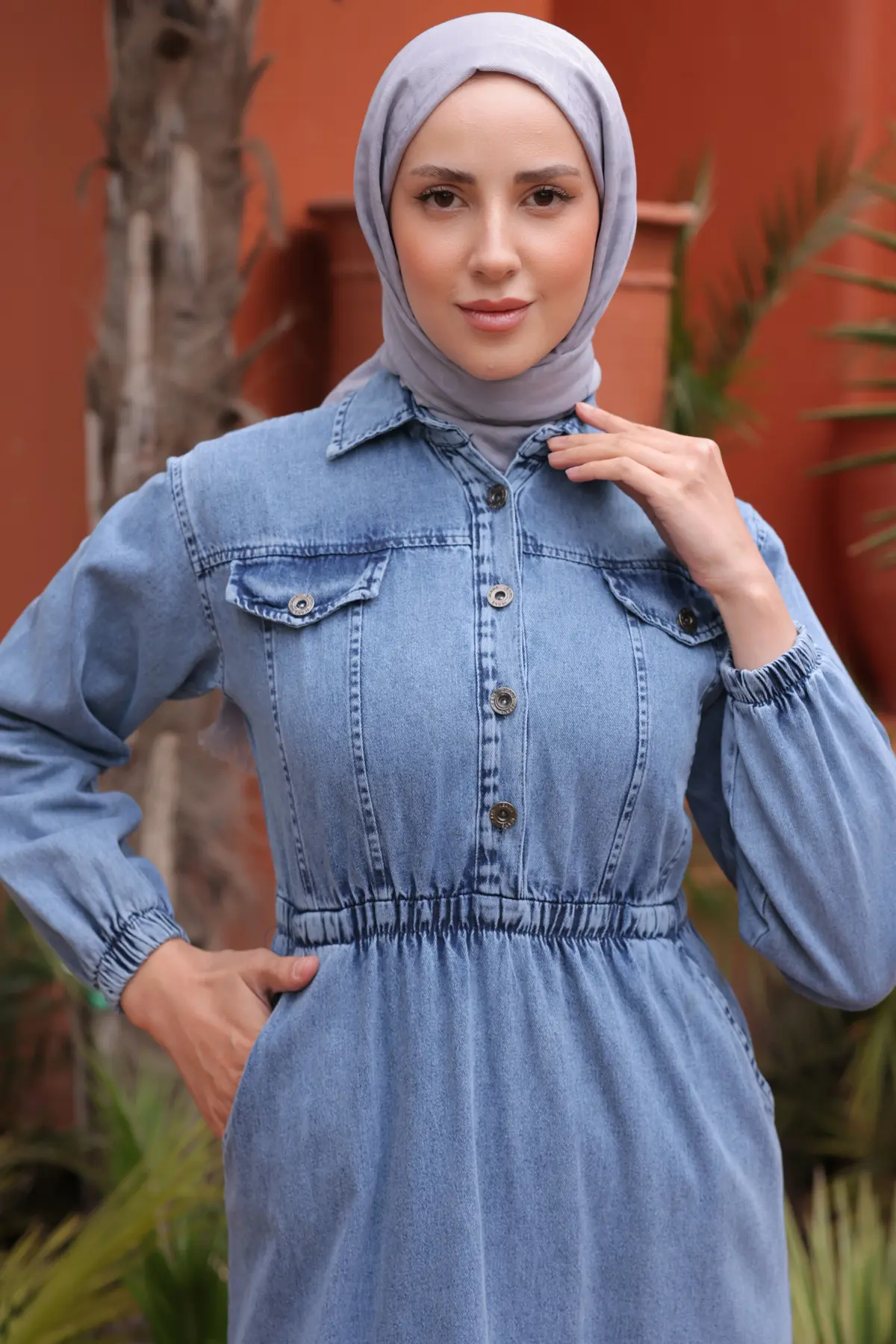 Elastic Waist Denim Dress-detail