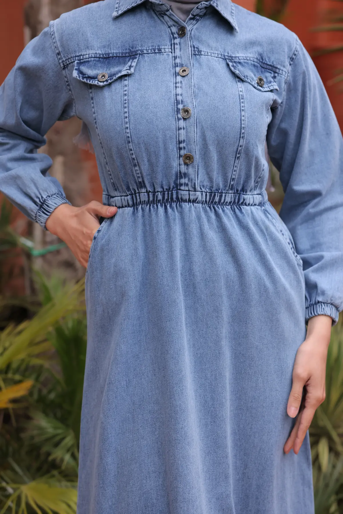 Elastic Waist Denim Dress-detail