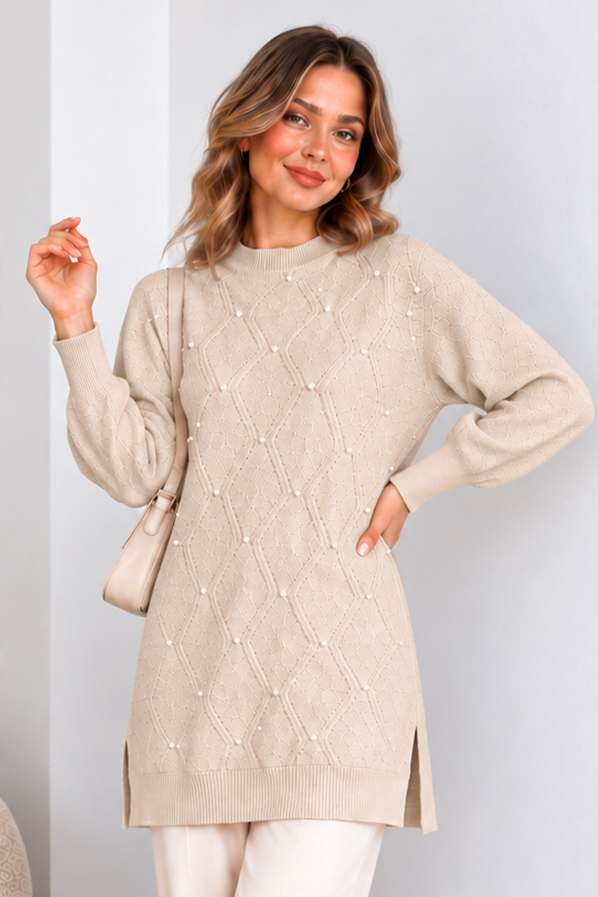 Embellished Knit Sweater K6039 Beige