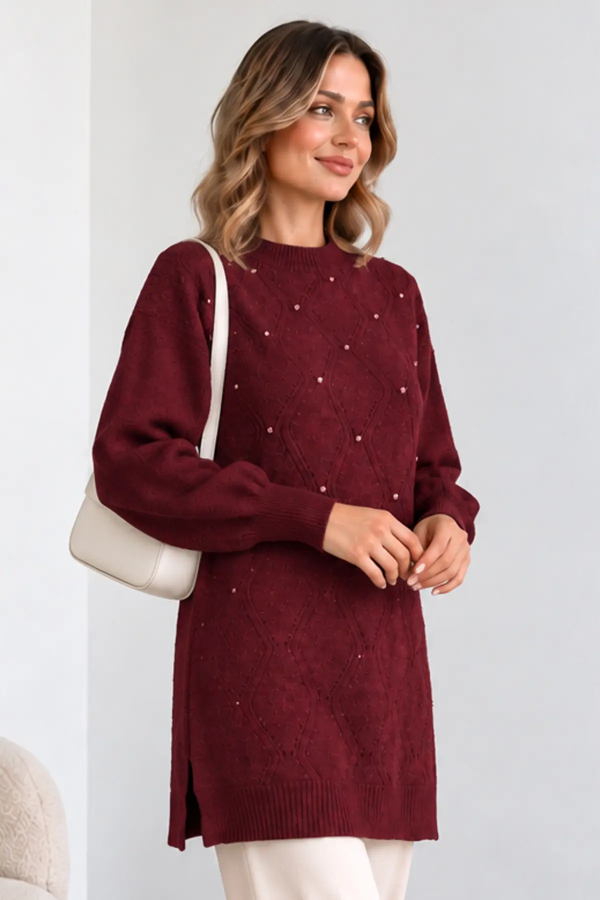 Embellished Knit Sweater K6039 Burgundy-detail