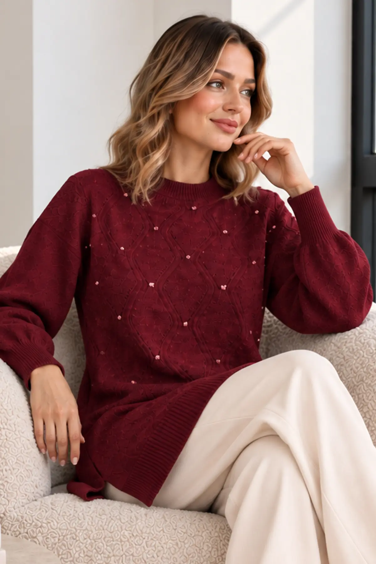 Embellished Knit Sweater K6039 Burgundy-detail