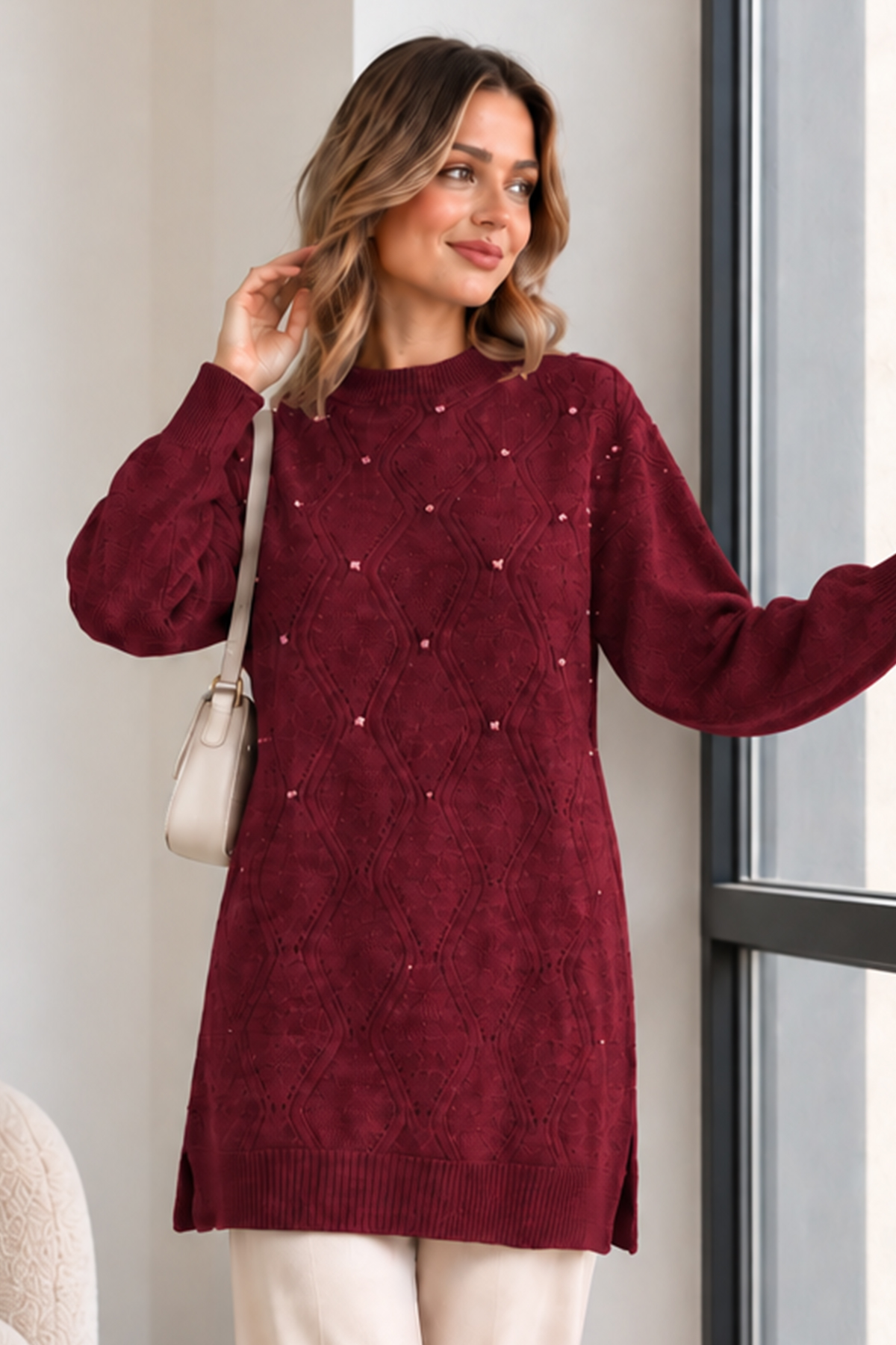 Embellished Knit Sweater K6039 Burgundy