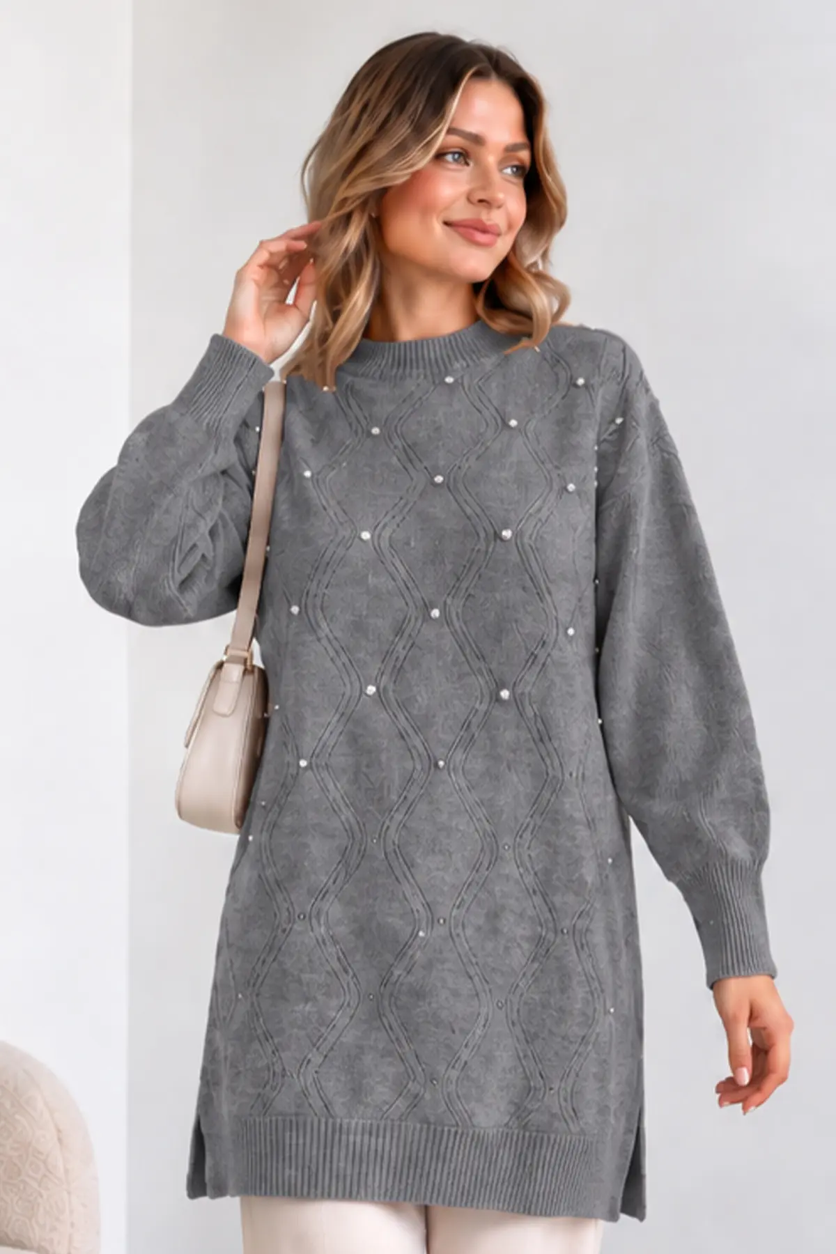 Embellished Knit Sweater K6039 Grey-detail