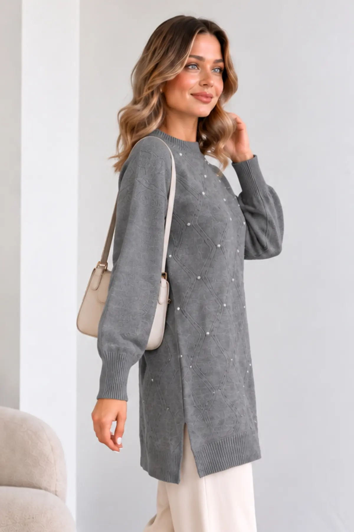 Embellished Knit Sweater K6039 Grey-detail