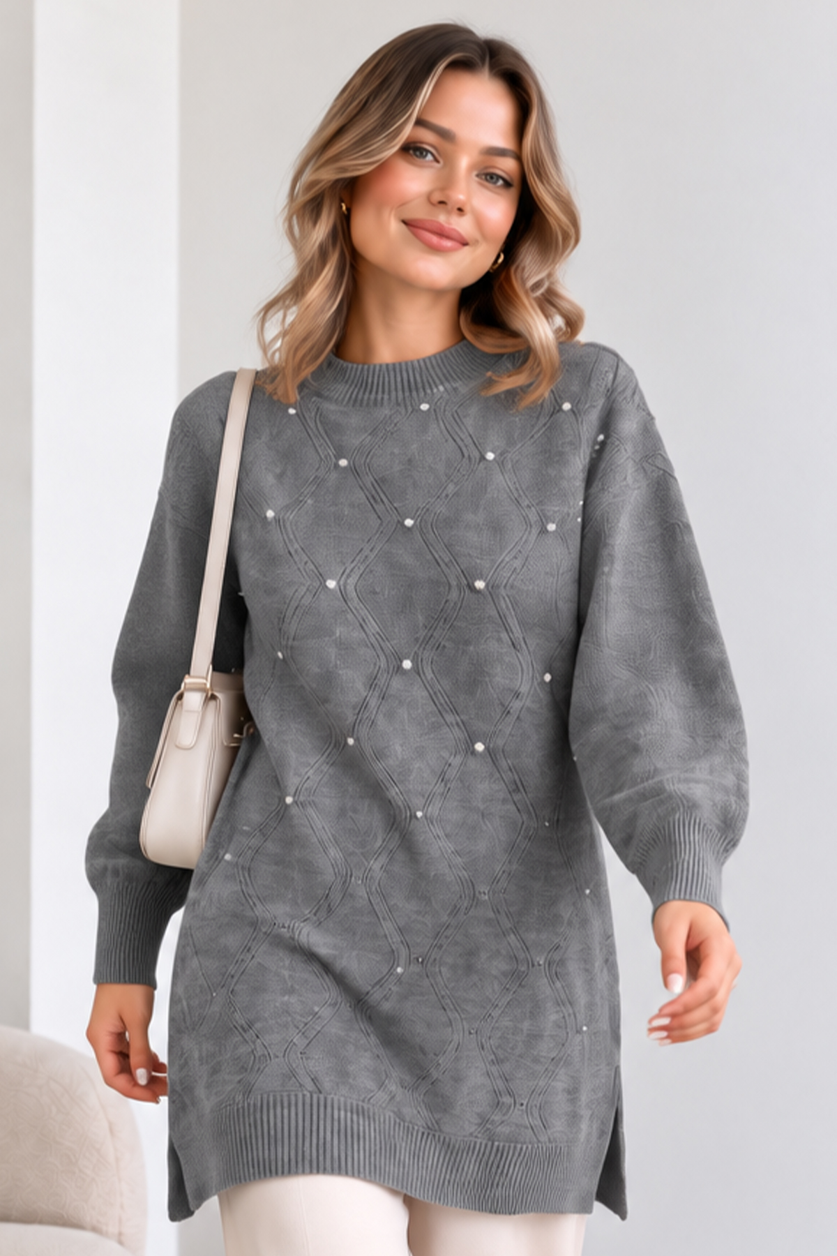 Embellished Knit Sweater K6039 Grey