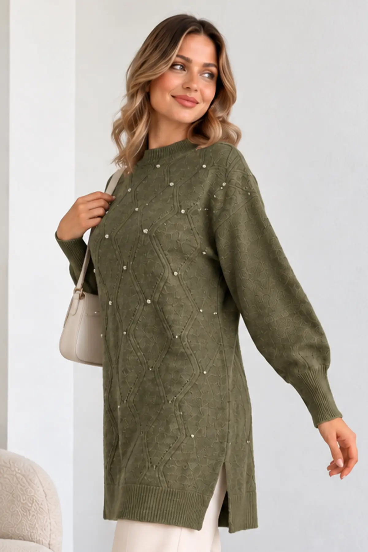 Embellished Knit Sweater K6039 Khaki-detail