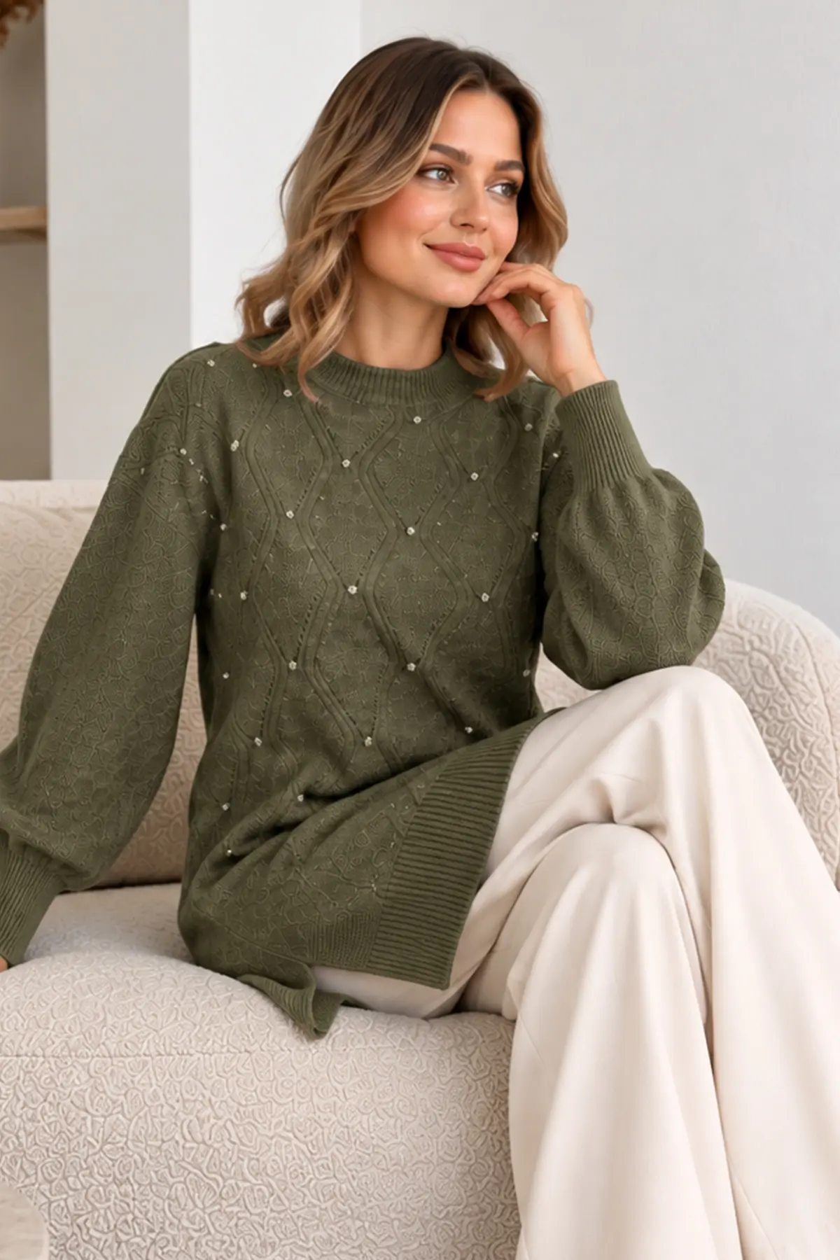 Embellished Knit Sweater K6039 Khaki-detail
