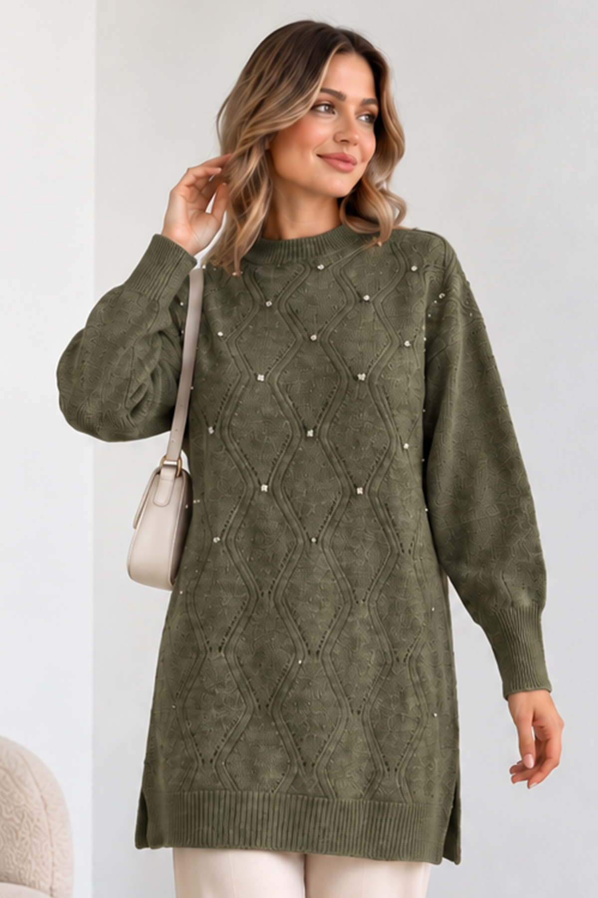Embellished Knit Sweater K6039 Khaki