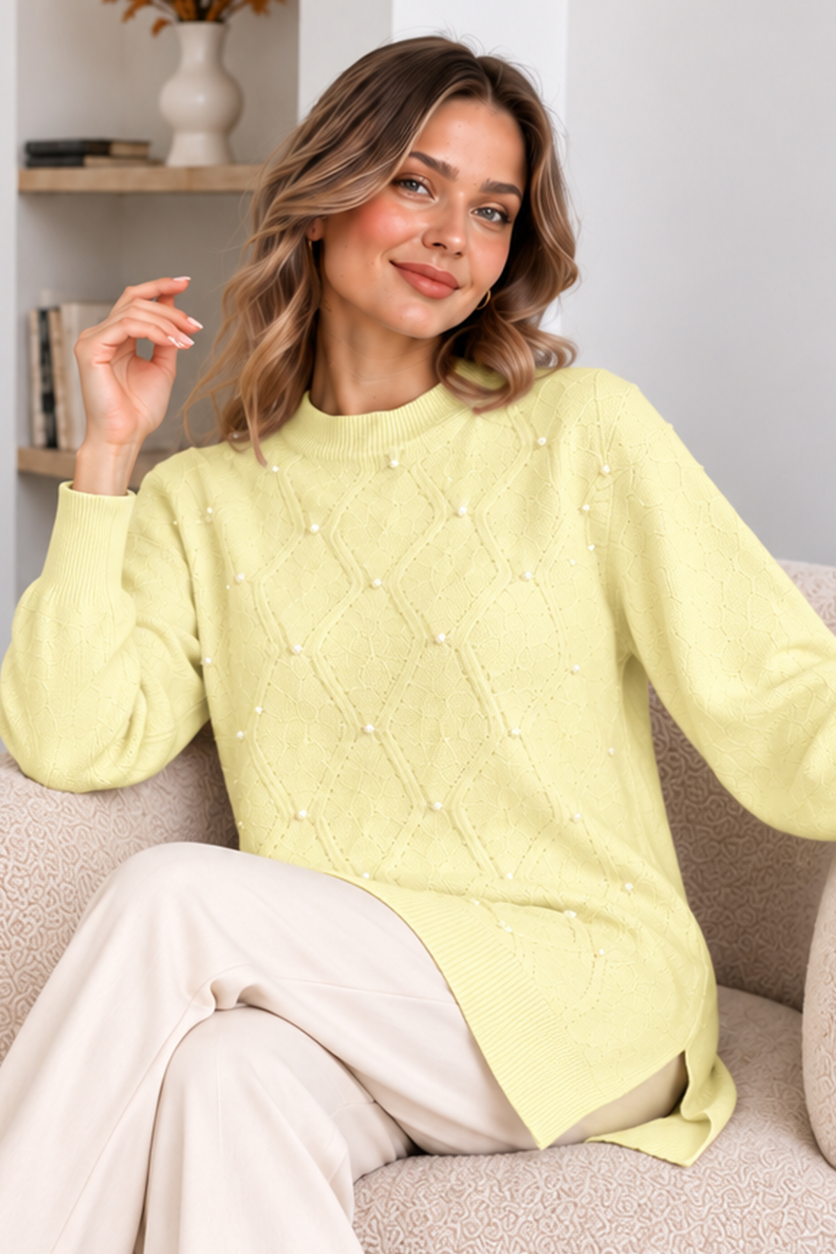 Embellished Knit Sweater K6039 Lemon Yellow