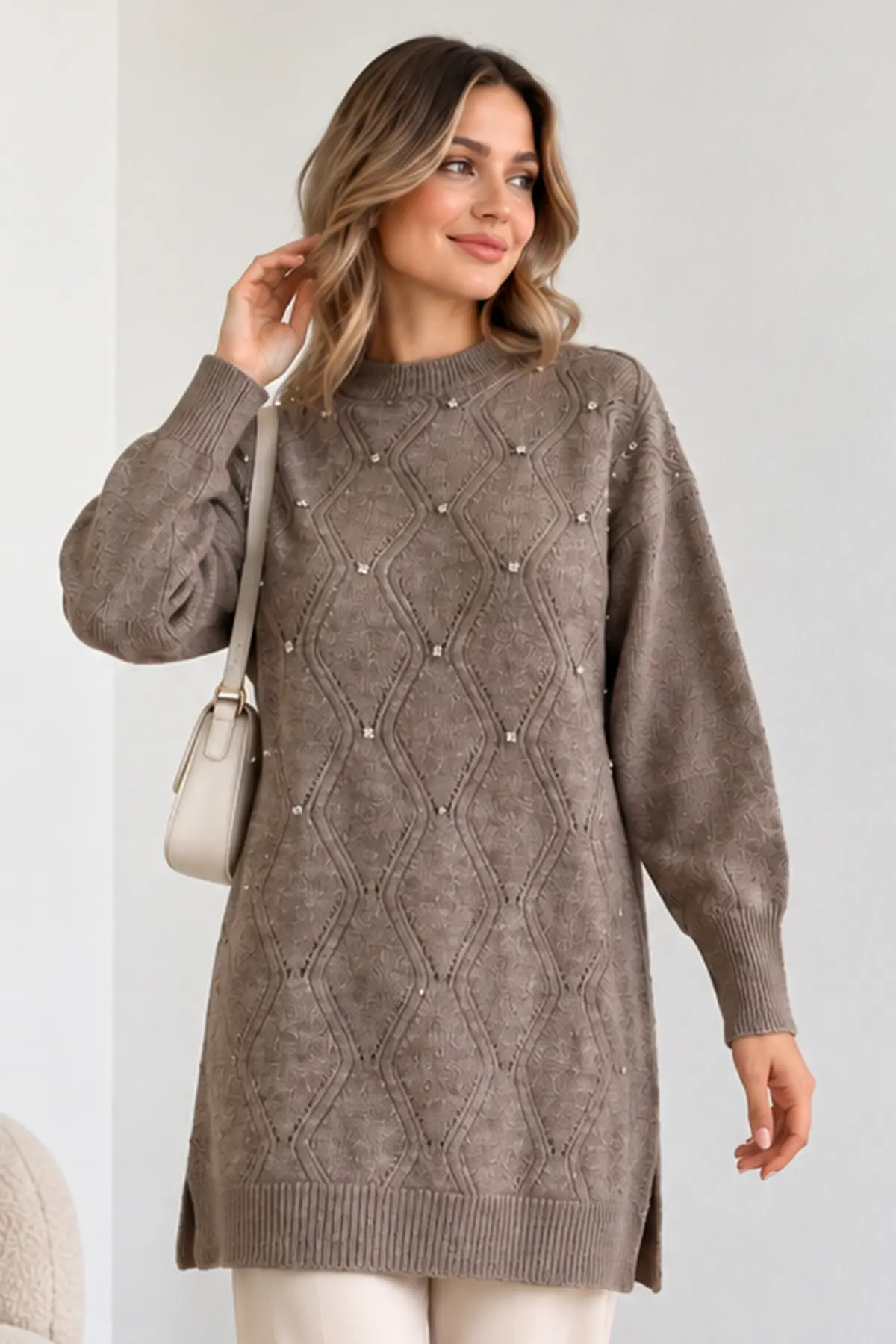 Embellished Knit Sweater K6039 Mink-detail