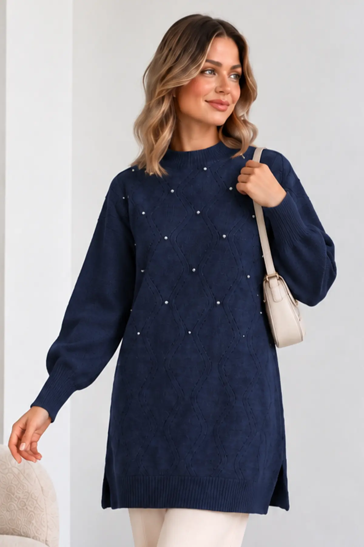 Embellished Knit Sweater K6039 Navy Blue-detail