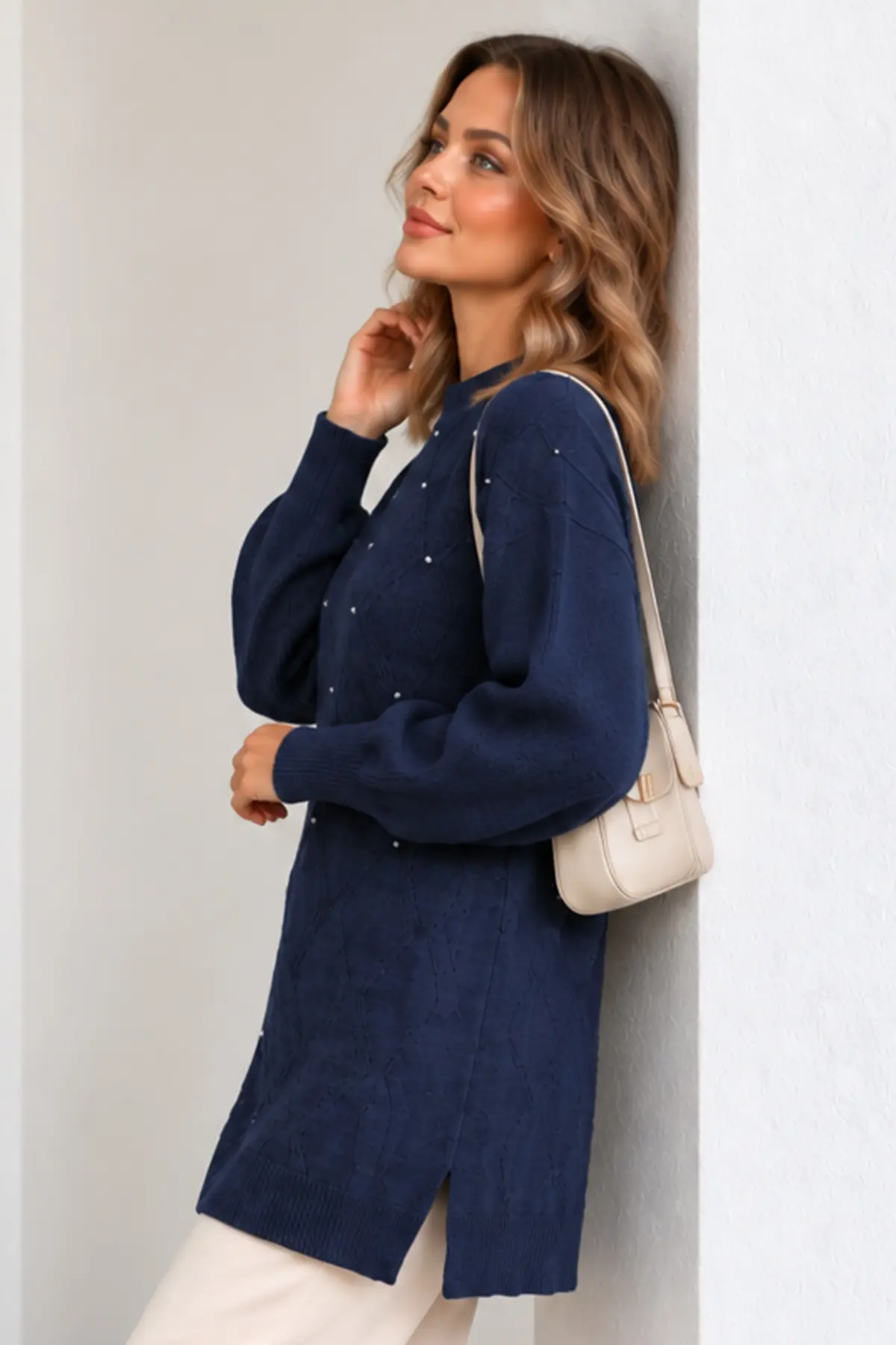 Embellished Knit Sweater K6039 Navy Blue-detail
