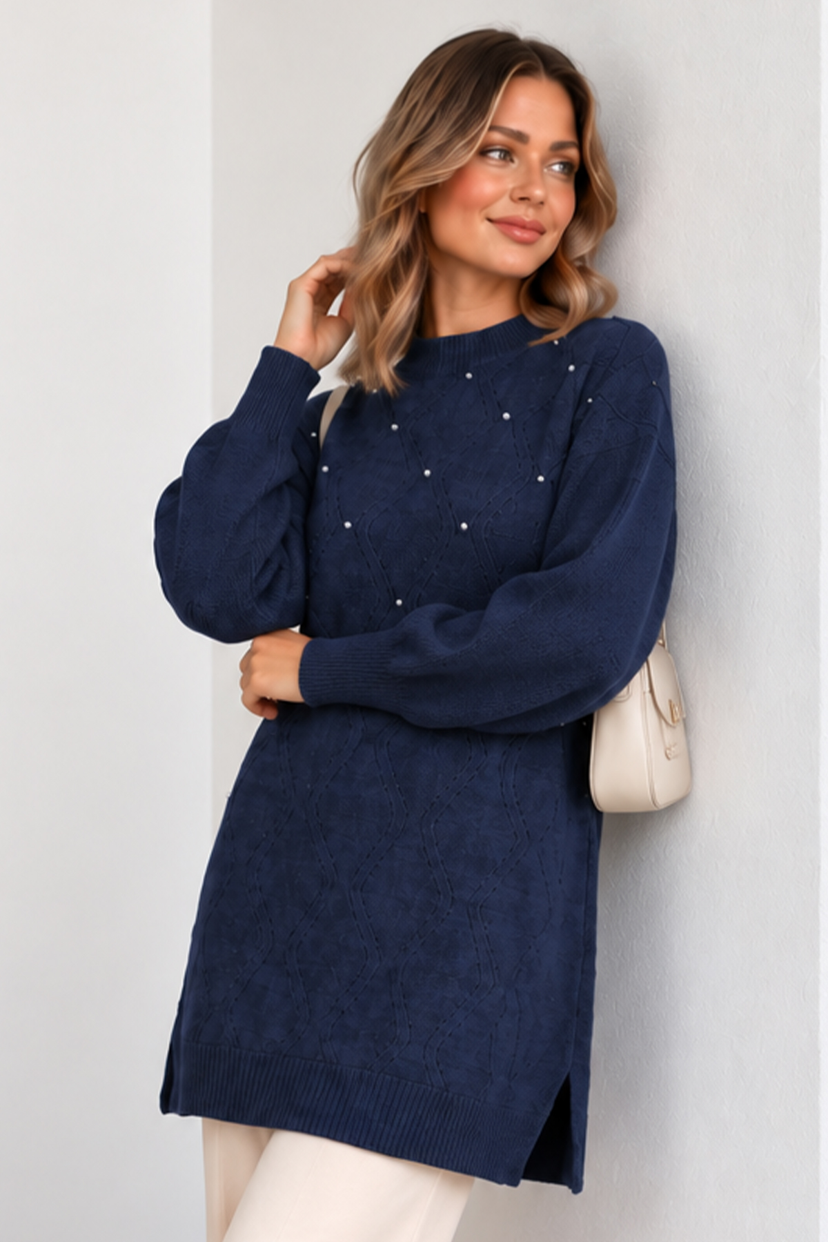 Embellished Knit Sweater K6039 Navy Blue