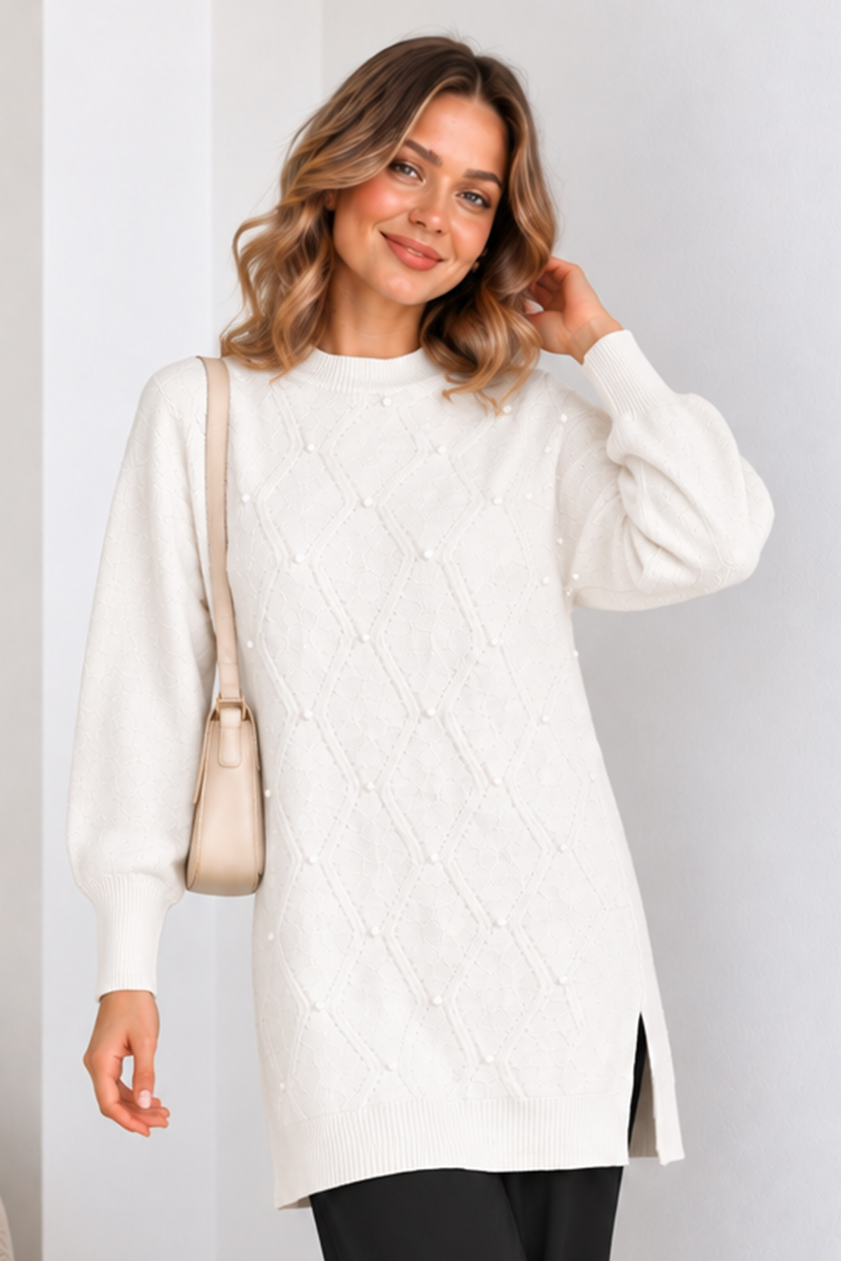 Embellished Knit Sweater K6039 White