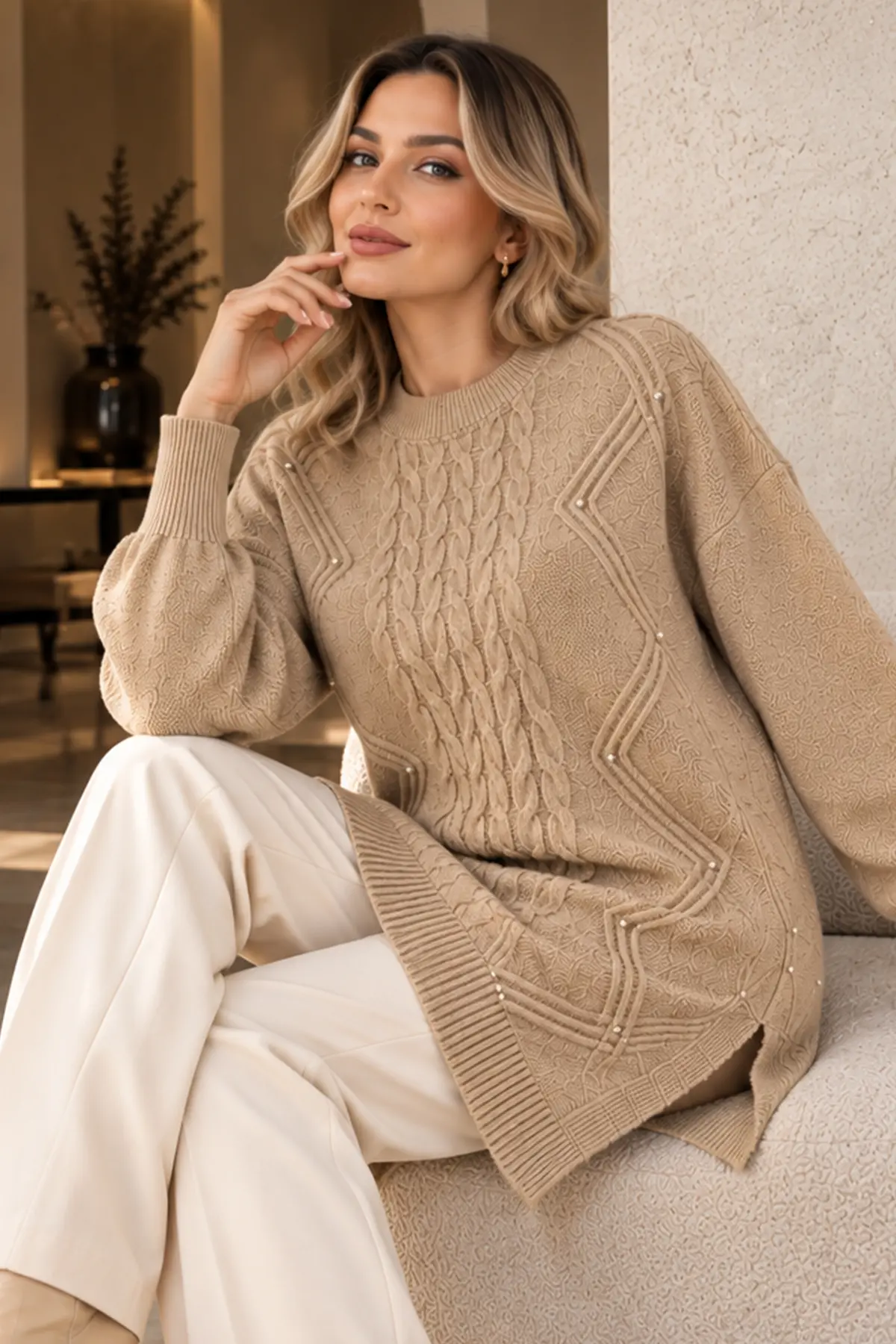 Embellished Knit Sweater K6040 Beige-detail