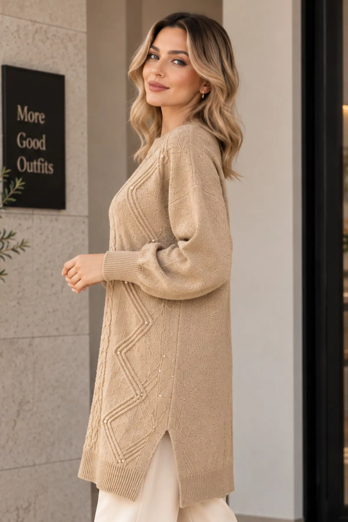 Embellished Knit Sweater K6040 Beige-detail