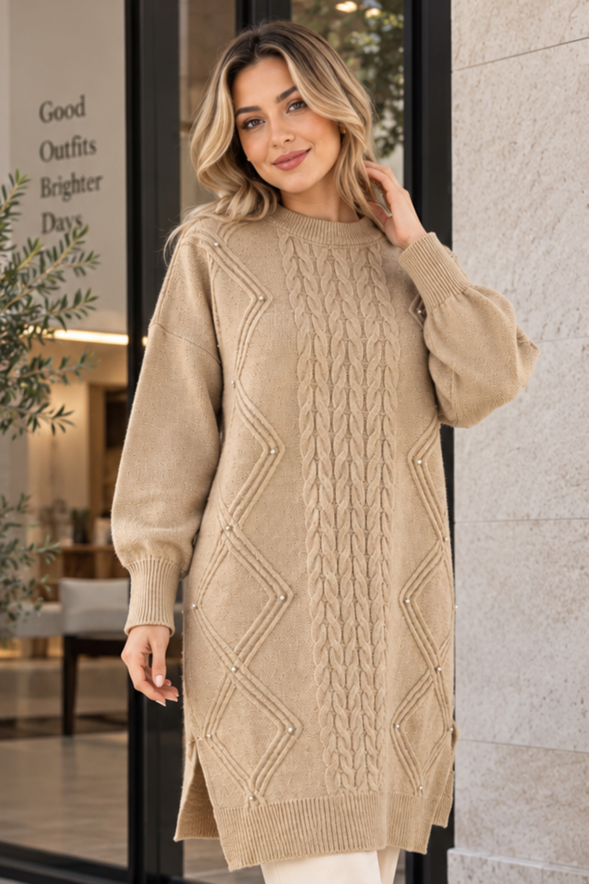 Embellished Knit Sweater K6040 Beige